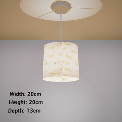 Oval Lamp Shade - P40 - Gold Fish Screen Print on Natural Lokta, 20cm(w) x 20cm(h) x 13cm(d)