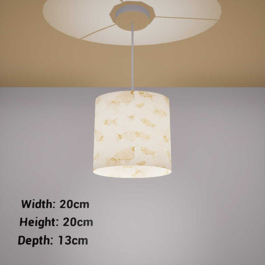 Oval Lamp Shade - P40 - Gold Fish Screen Print on Natural Lokta, 20cm(w) x 20cm(h) x 13cm(d)