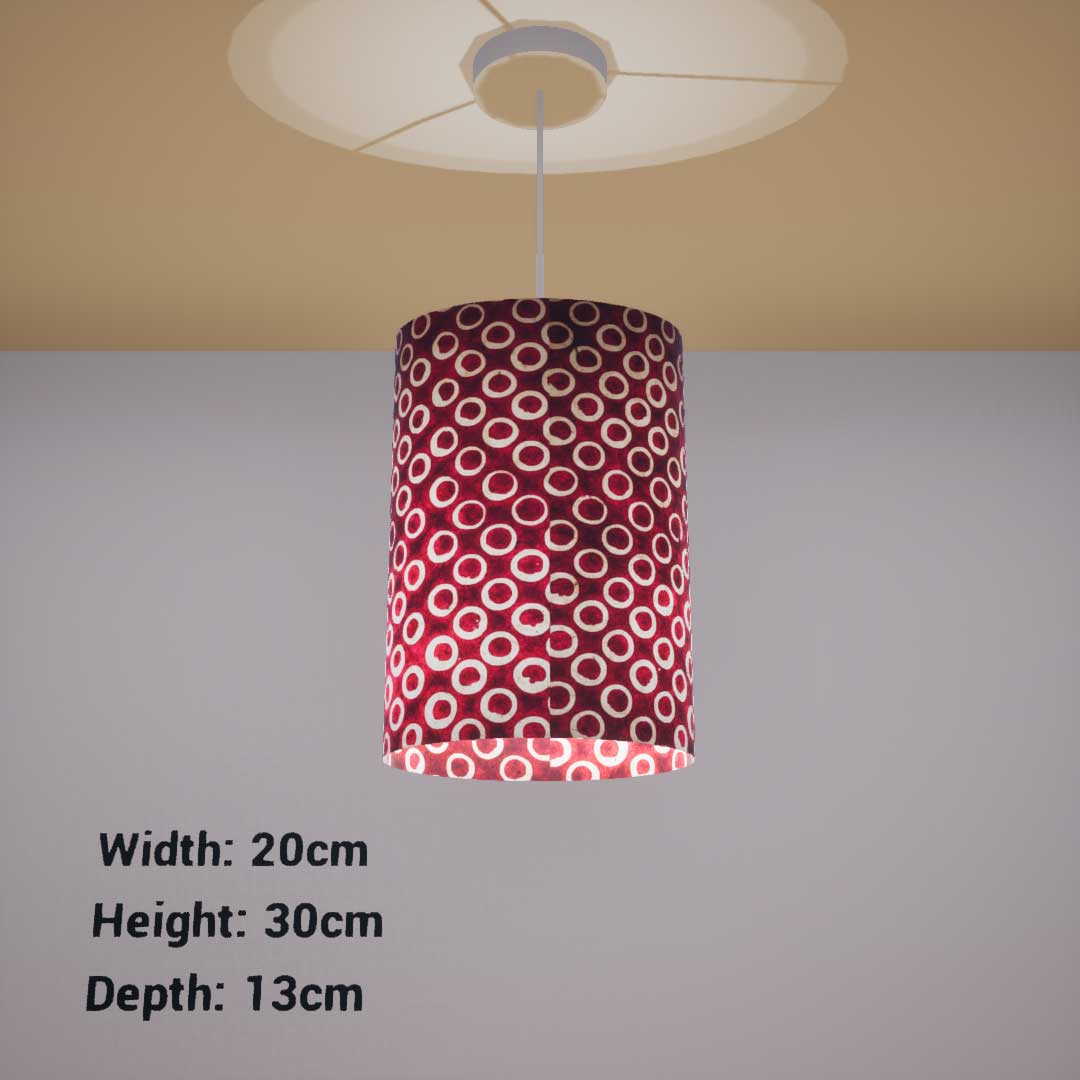 Oval Lamp Shade - P73 - Batik Red Circles, 20cm(w) x 30cm(h) x 13cm(d) - Imbue Lighting