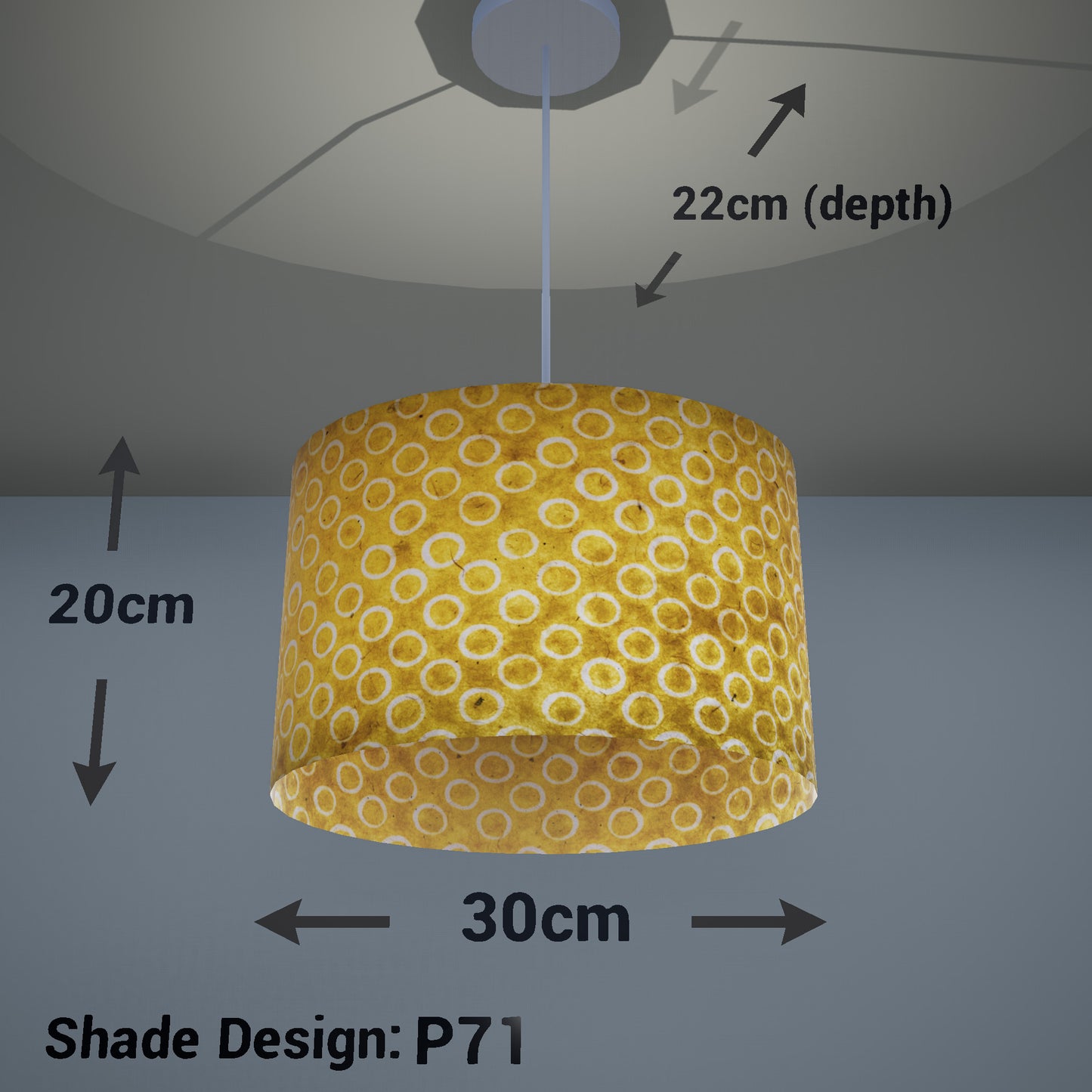 Oval Lamp Shade - P71 - Batik Yellow Circles, 30cm(w) x 20cm(h) x 22cm(d) - Imbue Lighting