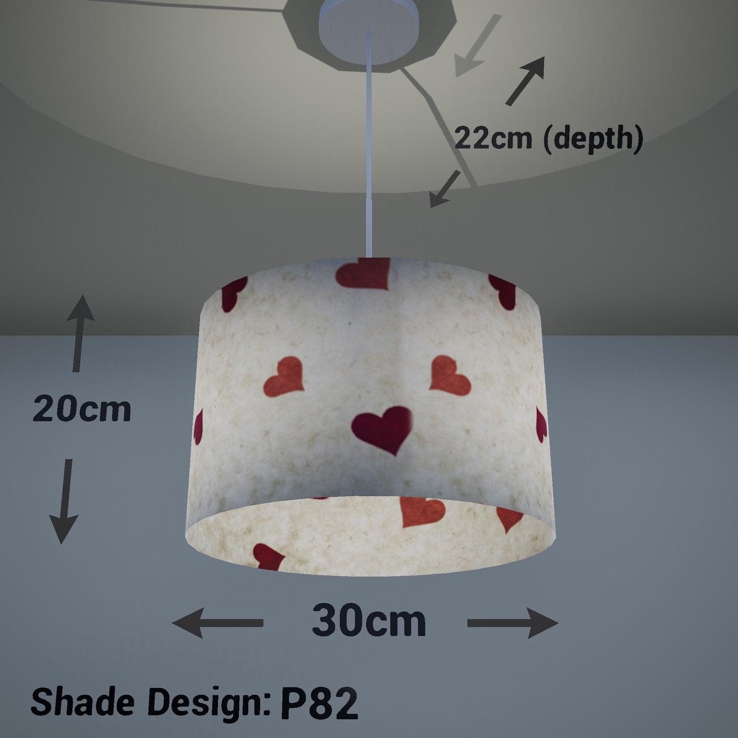 Oval Lamp Shade - P82 ~ Hearts on Lokta Paper, 30cm(w) x 20cm(h) x 22cm(d) - Imbue Lighting