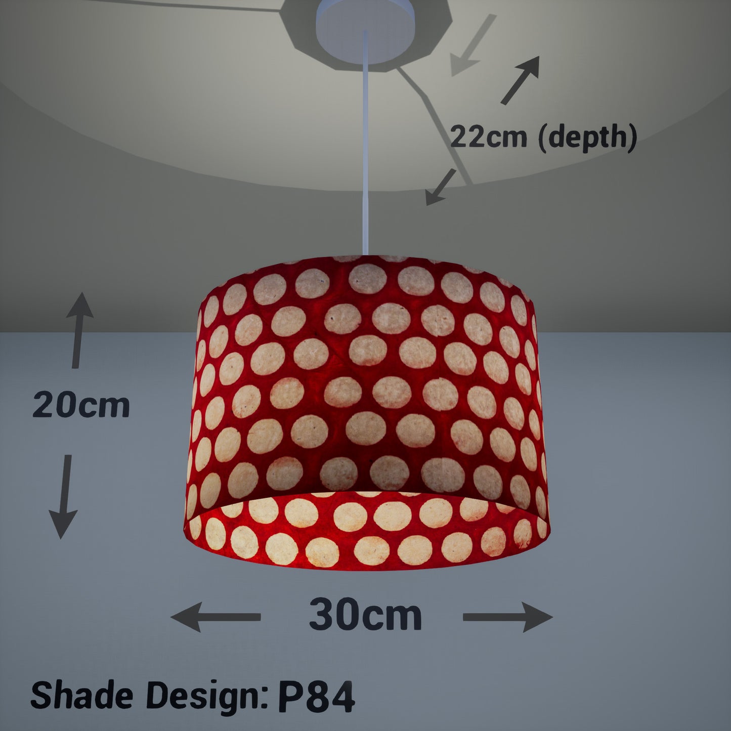 Oval Lamp Shade - P84 ~ Batik Dots on Red, 30cm(w) x 20cm(h) x 22cm(d)