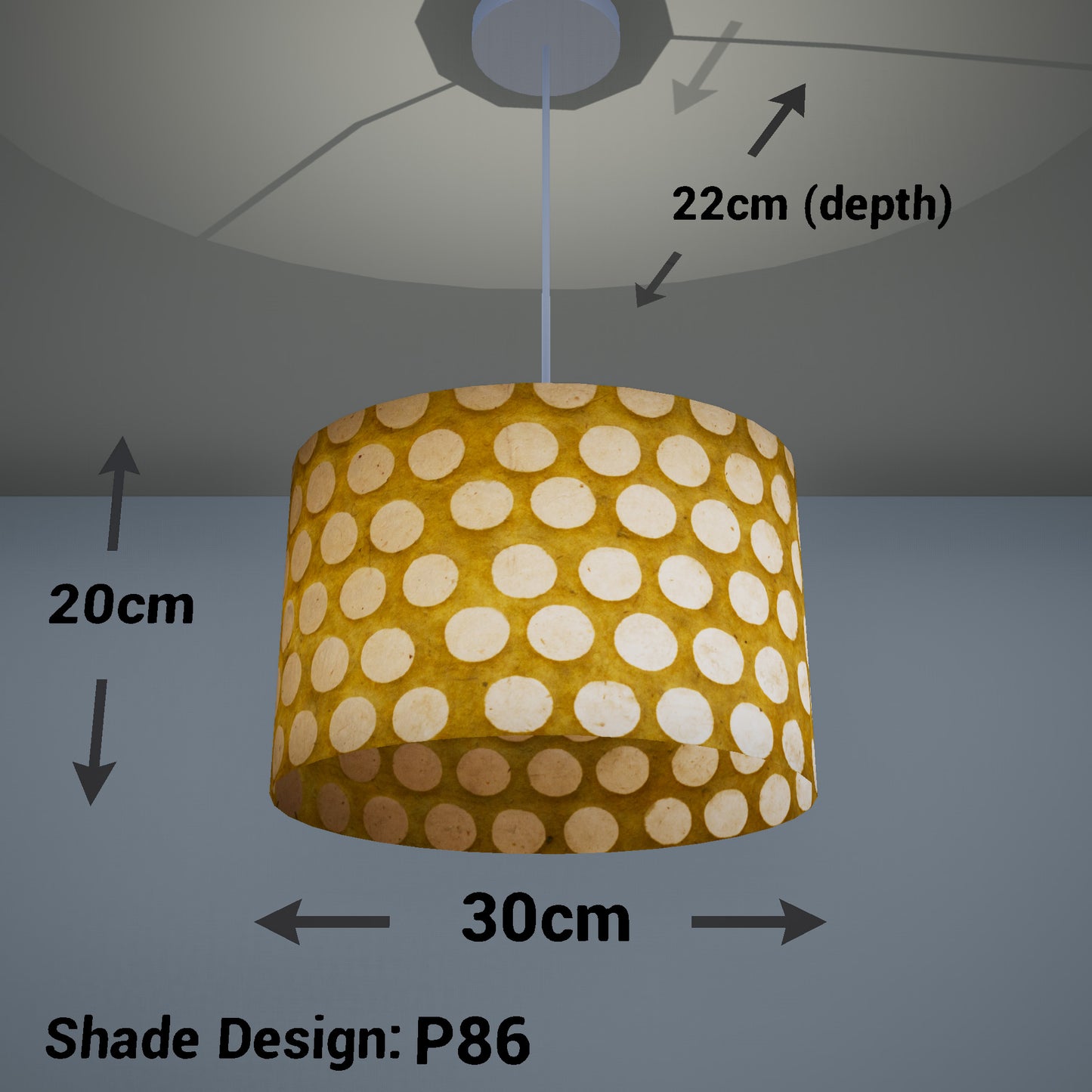 Oval Lamp Shade - P86 ~ Batik Dots on Yellow, 30cm(w) x 20cm(h) x 22cm(d)