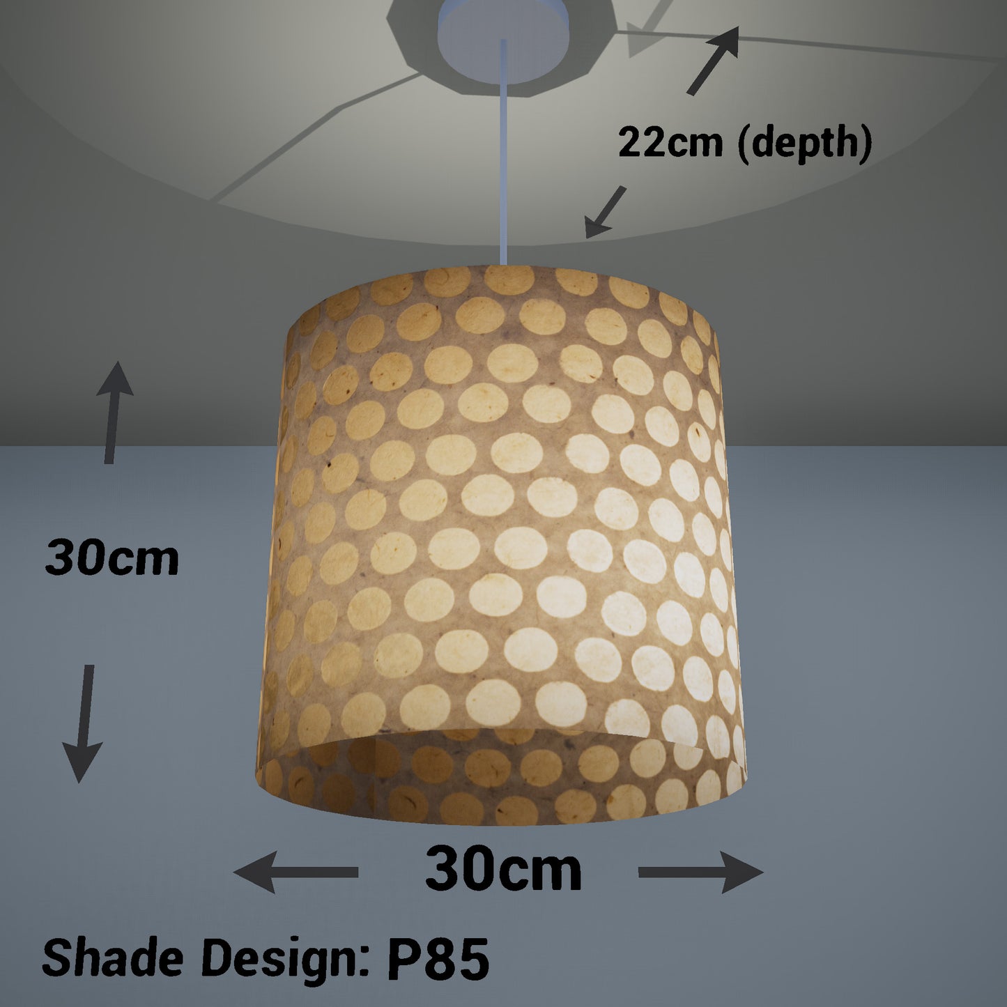 Oval Lamp Shade - P85 ~ Batik Dots on Natural, 30cm(w) x 30cm(h) x 22cm(d)