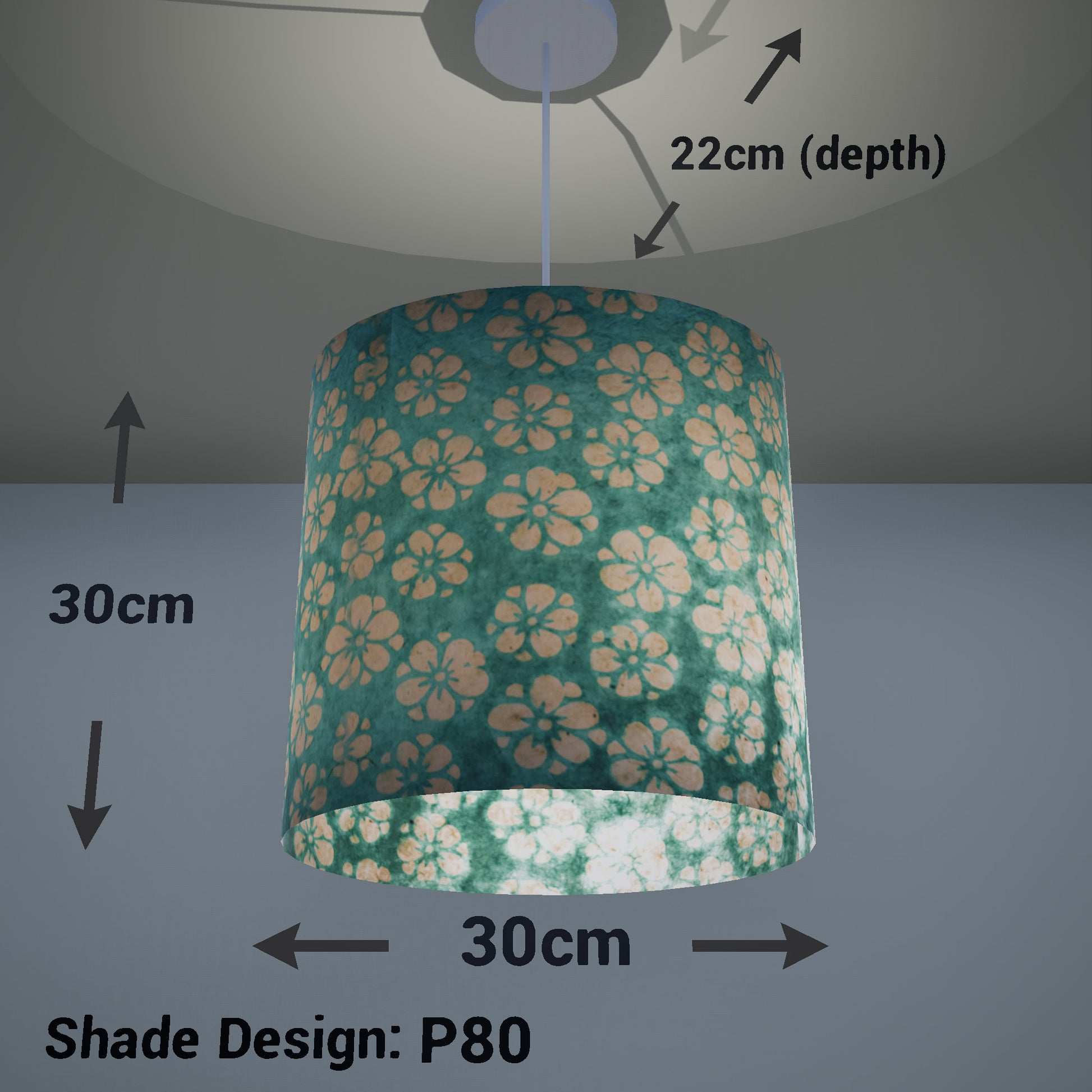 Oval Lamp Shade - P80 ~ Batik Star Flower Mint Green, 30cm(w) x 30cm(h) x 22cm(d) - Imbue Lighting