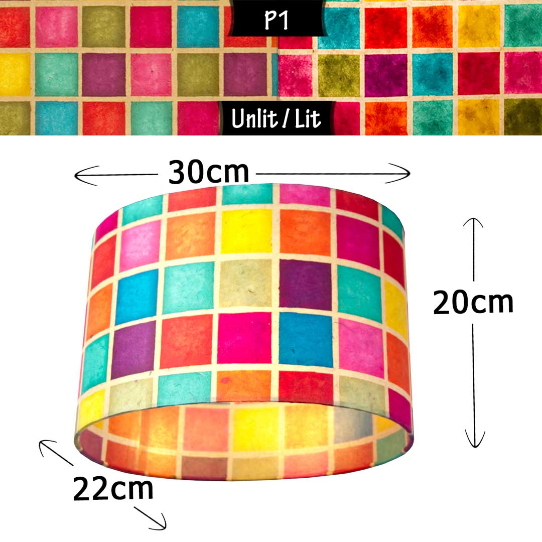 Oval Lamp Shade - P01 - Batik Multi Square, 30cm(w) x 20cm(h) x 22cm(d) - Imbue Lighting