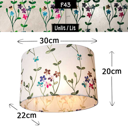 Oval Lamp Shade - P43 - Embroidered Flowers on White, 30cm(w) x 20cm(h) x 22cm(d)