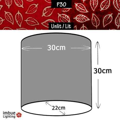 Oval Lamp Shade - P30 - Batik Leaf on Red, 30cm(w) x 30cm(h) x 22cm(d)