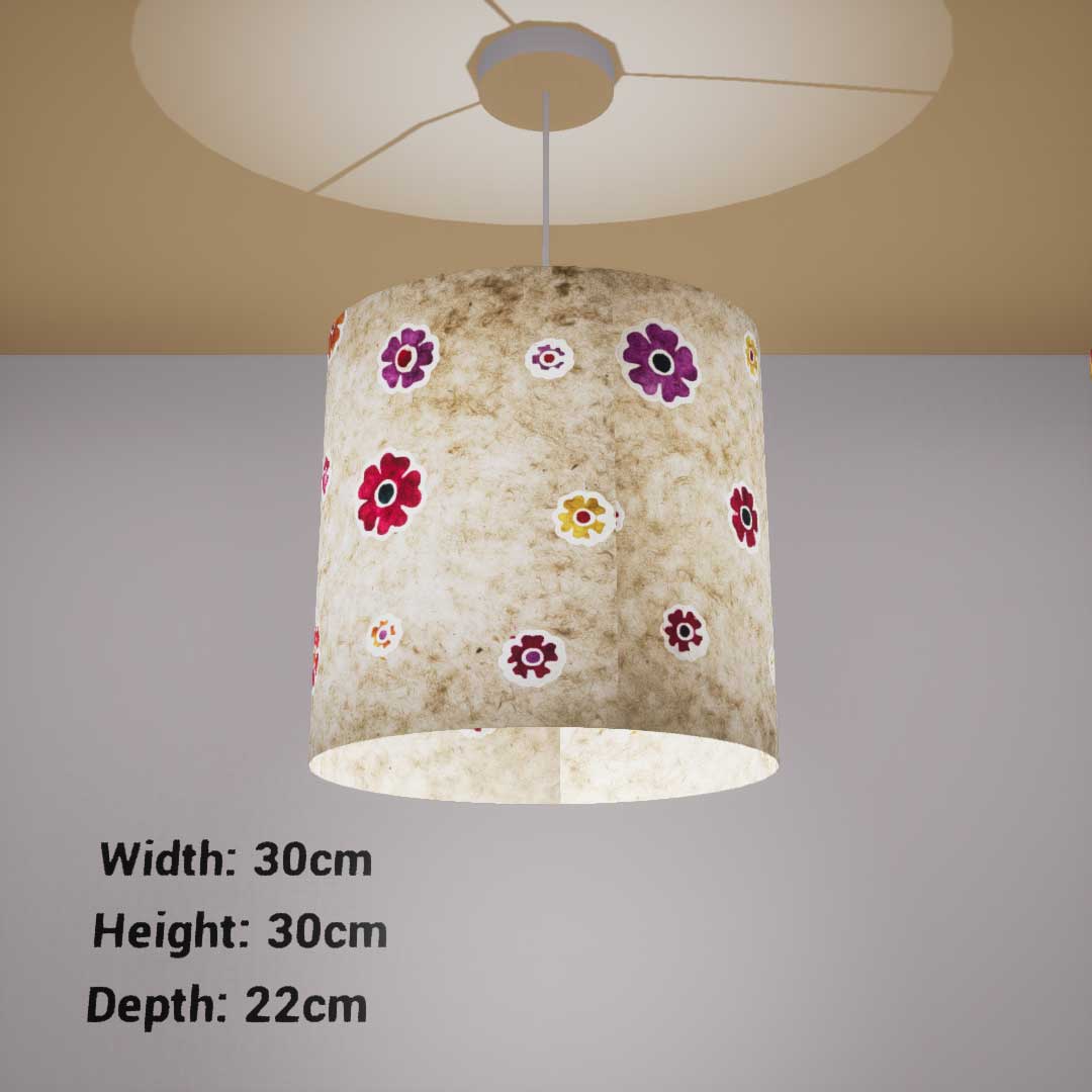Oval Lamp Shade - P35 - Batik Multi Flower on Natural, 30cm(w) x 30cm(h) x 22cm(d)