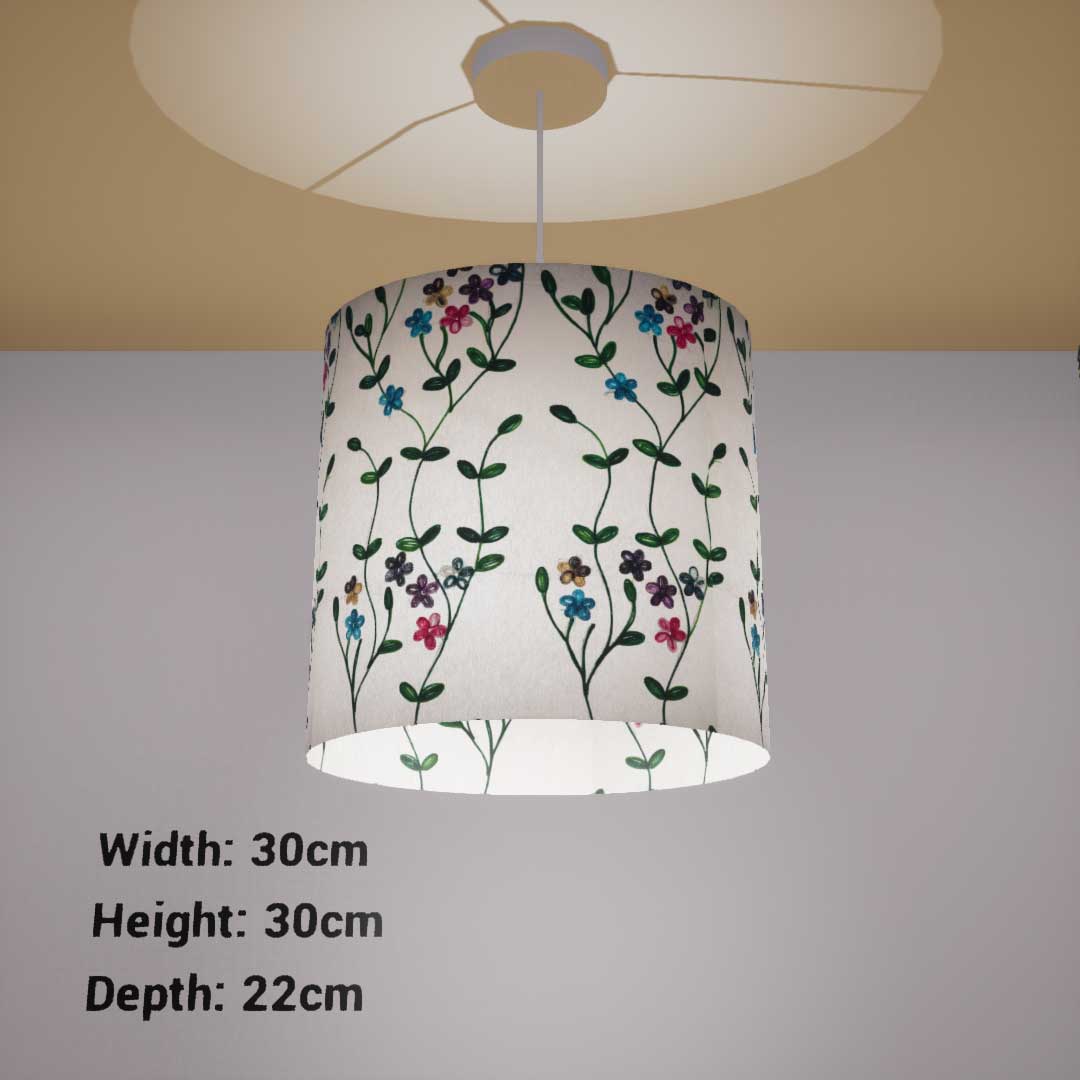 Oval Lamp Shade - P43 - Embroidered Flowers on White, 30cm(w) x 30cm(h) x 22cm(d)