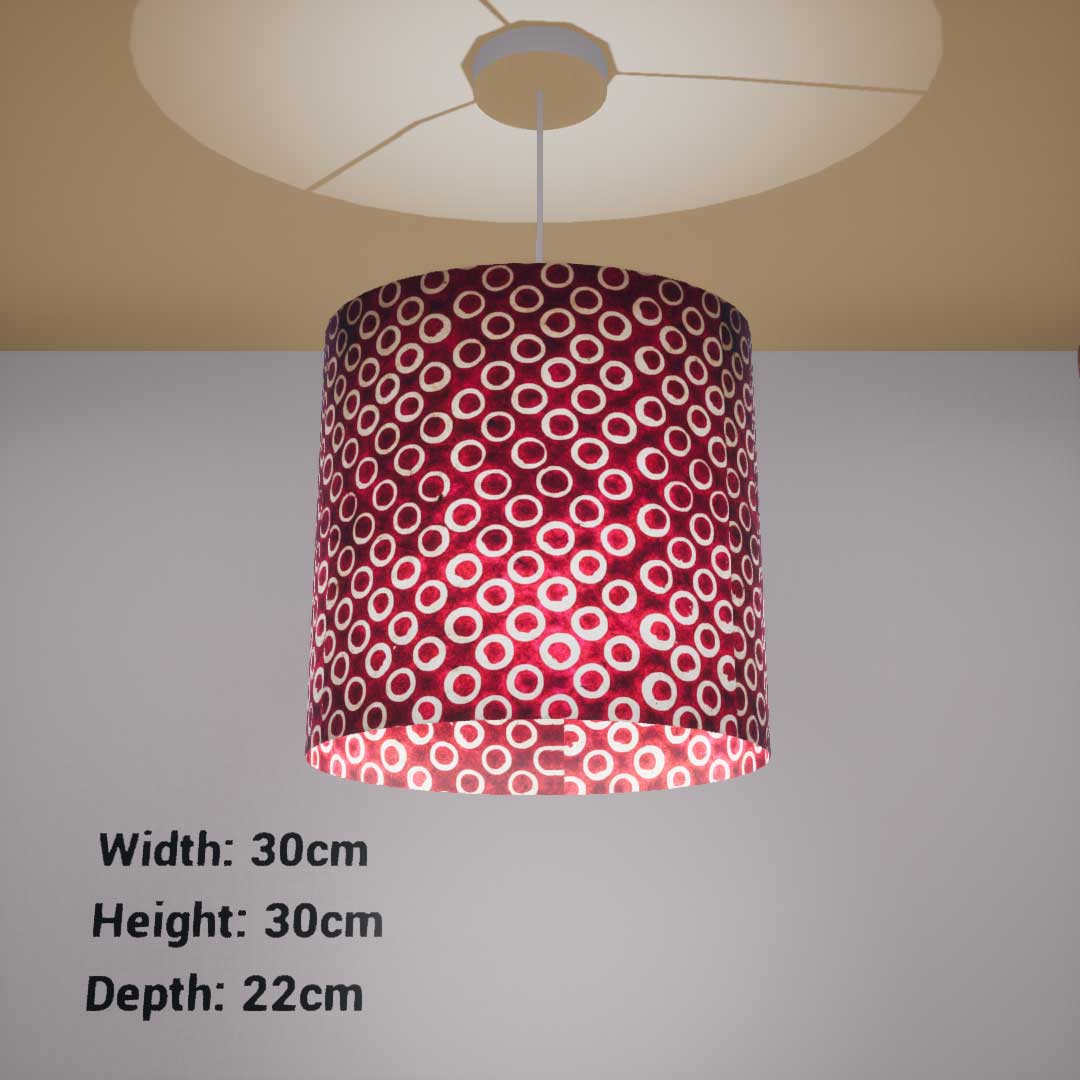 Oval Lamp Shade - P73 - Batik Red Circles, 30cm(w) x 30cm(h) x 22cm(d) - Imbue Lighting