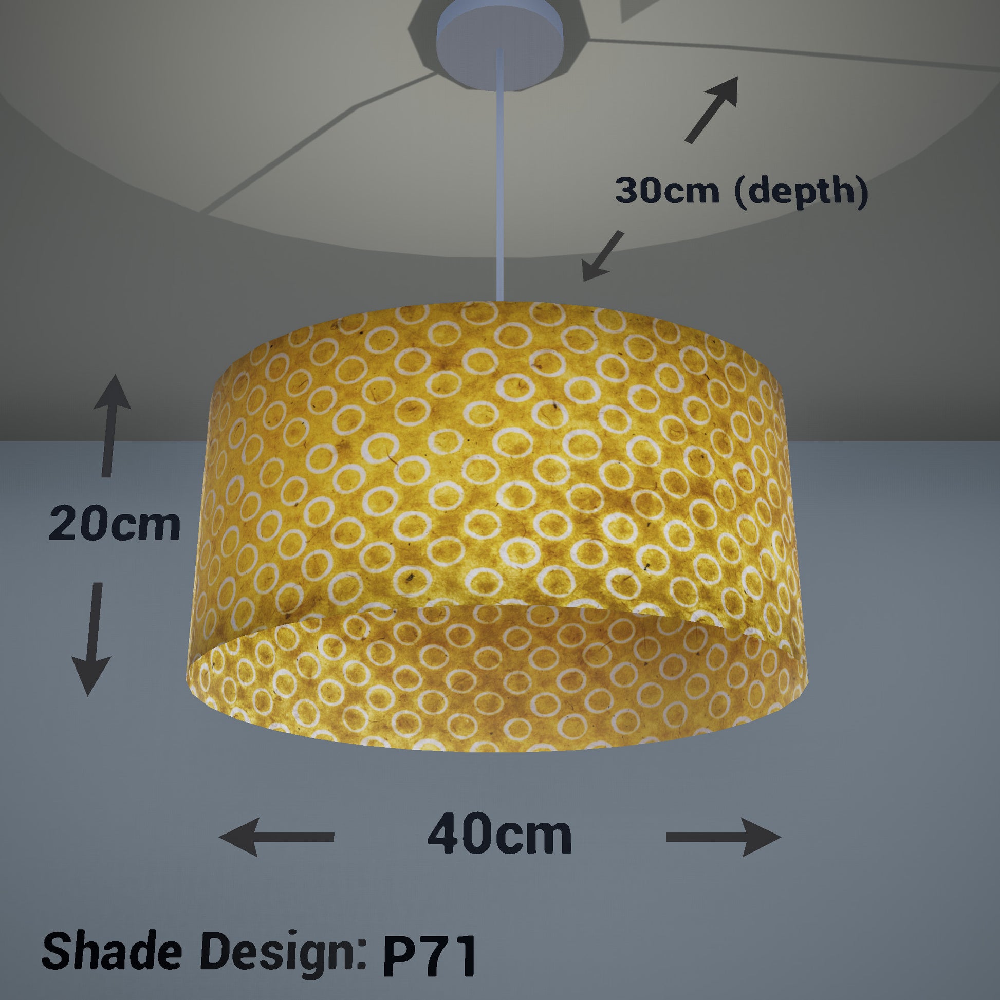 Oval Lamp Shade - P71 - Batik Yellow Circles, 40cm(w) x 20cm(h) x 30cm(d) - Imbue Lighting