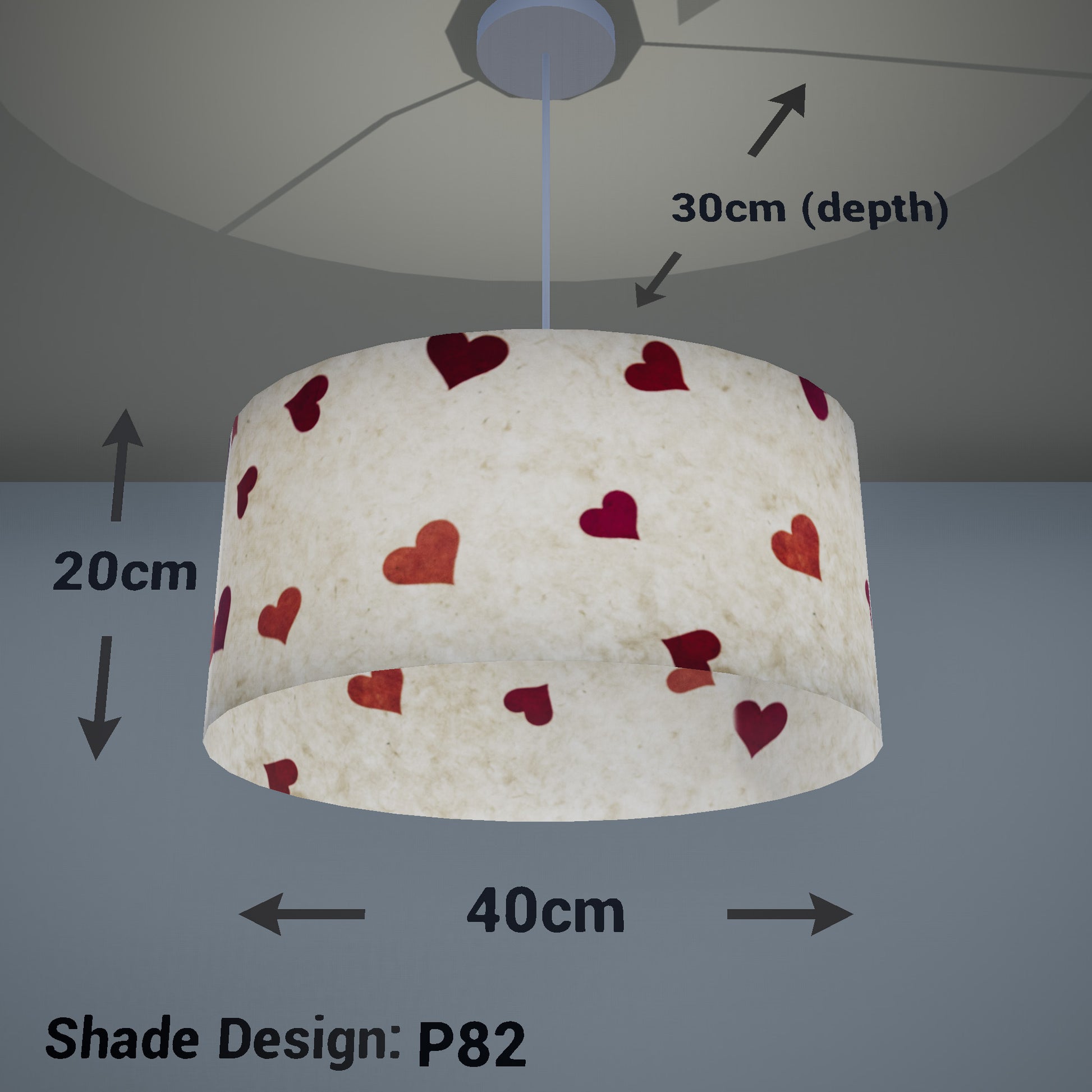 Oval Lamp Shade - P82 ~ Hearts on Lokta Paper, 40cm(w) x 20cm(h) x 30cm(d) - Imbue Lighting