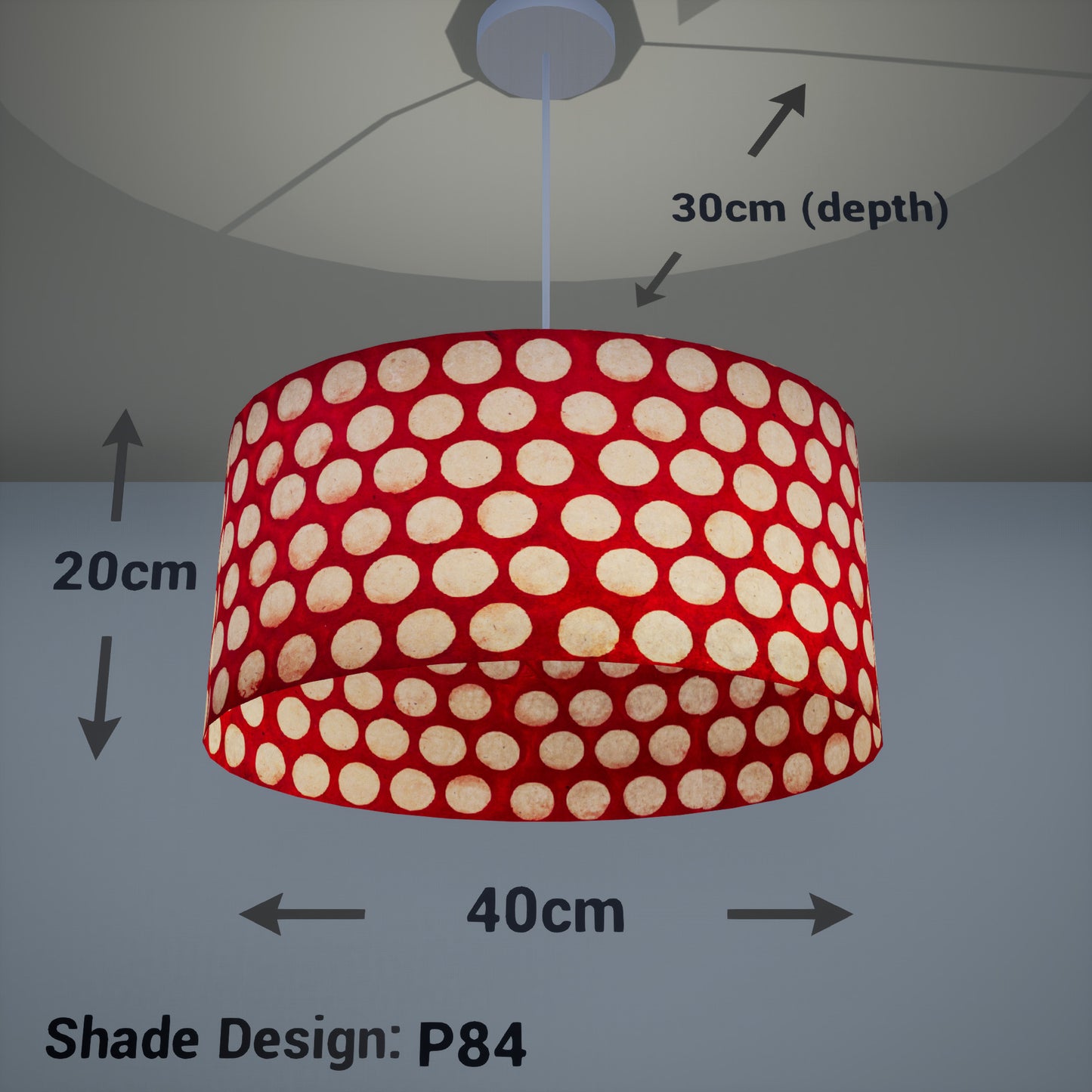 Oval Lamp Shade - P84 ~ Batik Dots on Red, 40cm(w) x 20cm(h) x 30cm(d)