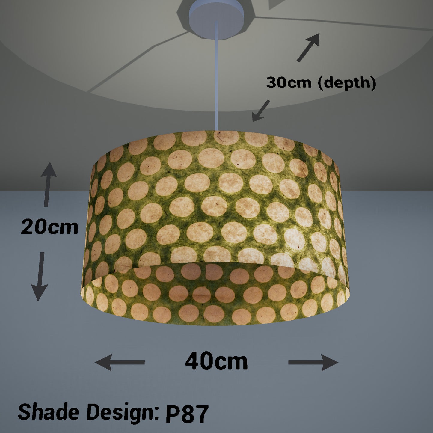 Oval Lamp Shade - P87 ~ Batik Dots on Green, 40cm(w) x 20cm(h) x 30cm(d)
