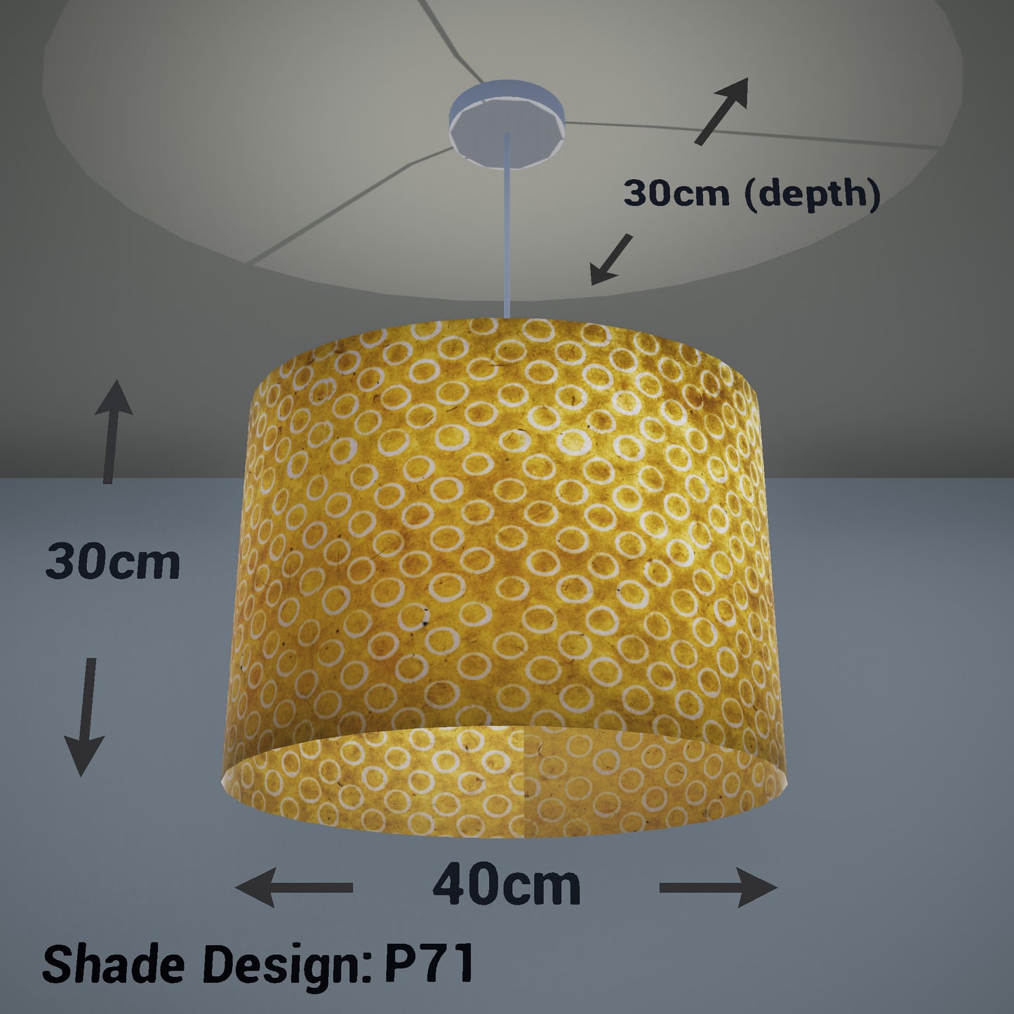 Oval Lamp Shade - P71 - Batik Yellow Circles, 40cm(w) x 30cm(h) x 30cm(d) - Imbue Lighting