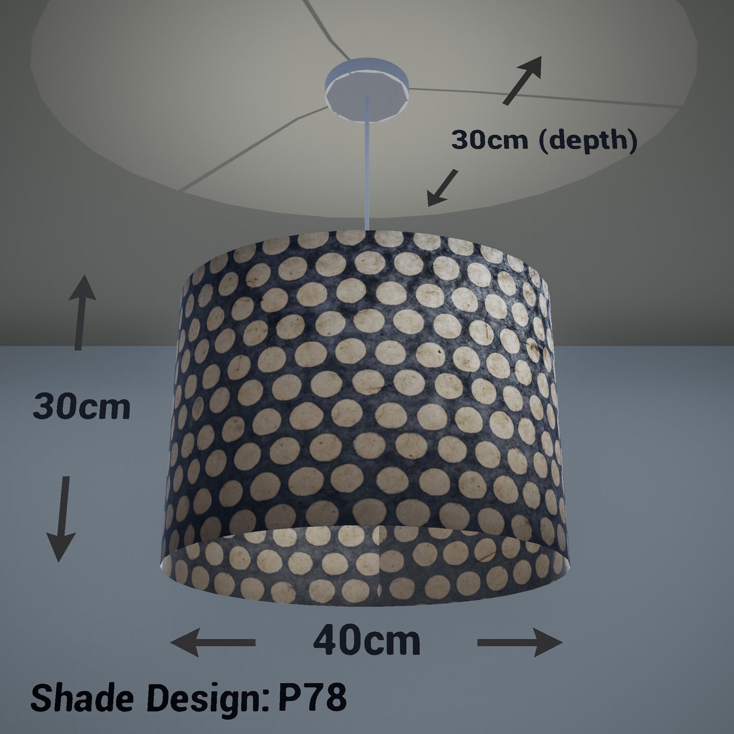 Oval Lamp Shade - P78 - Batik Dots on Grey, 40cm(w) x 30cm(h) x 30cm(d) - Imbue Lighting