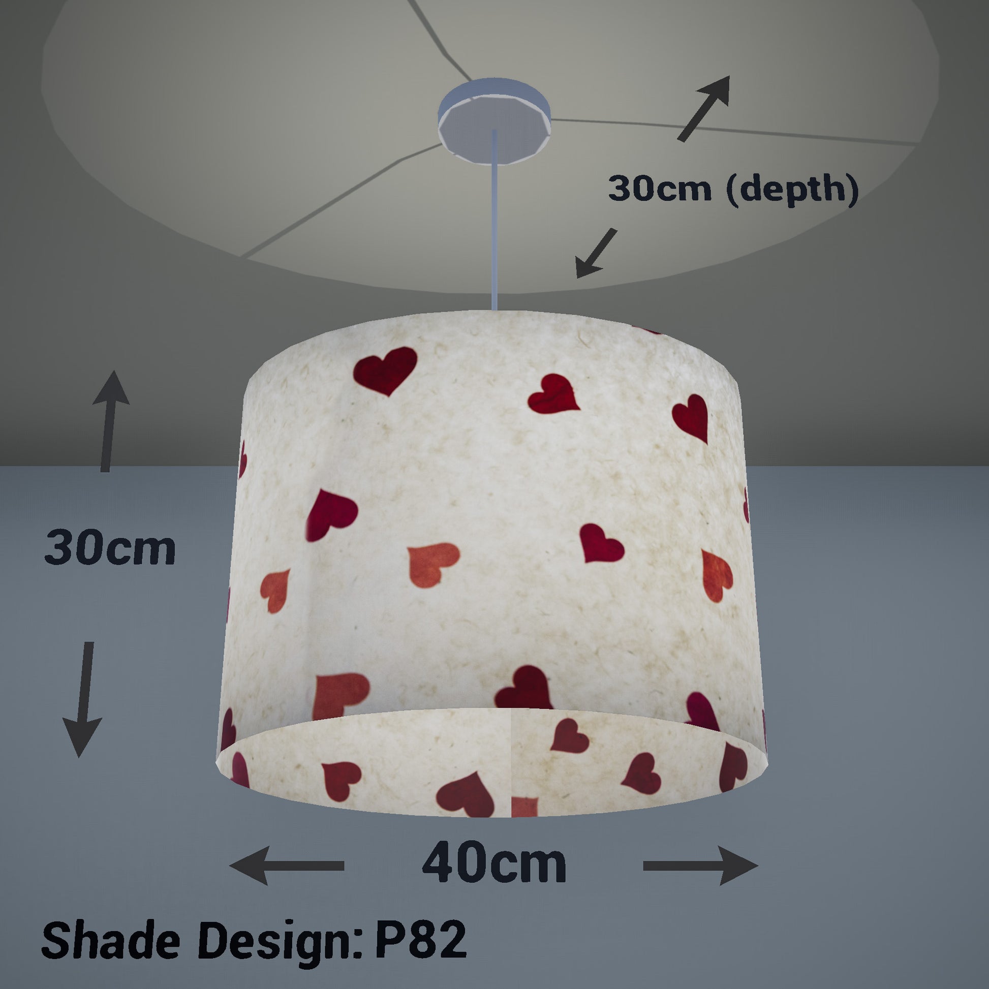 Oval Lamp Shade - P82 ~ Hearts on Lokta Paper, 40cm(w) x 30cm(h) x 30cm(d) - Imbue Lighting