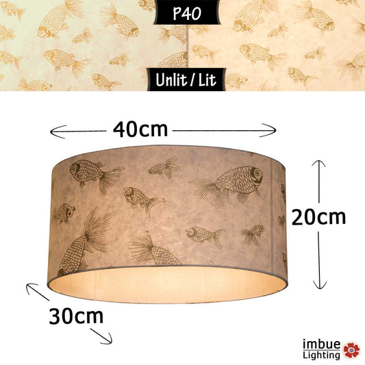 Oval Lamp Shade - P40 - Gold Fish Screen Print on Natural Lokta, 40cm(w) x 20cm(h) x 30cm(d)