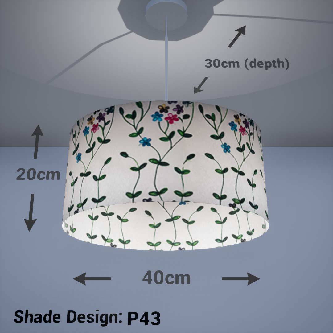 Oval Lamp Shade - P43 - Embroidered Flowers on White, 40cm(w) x 20cm(h) x 30cm(d)