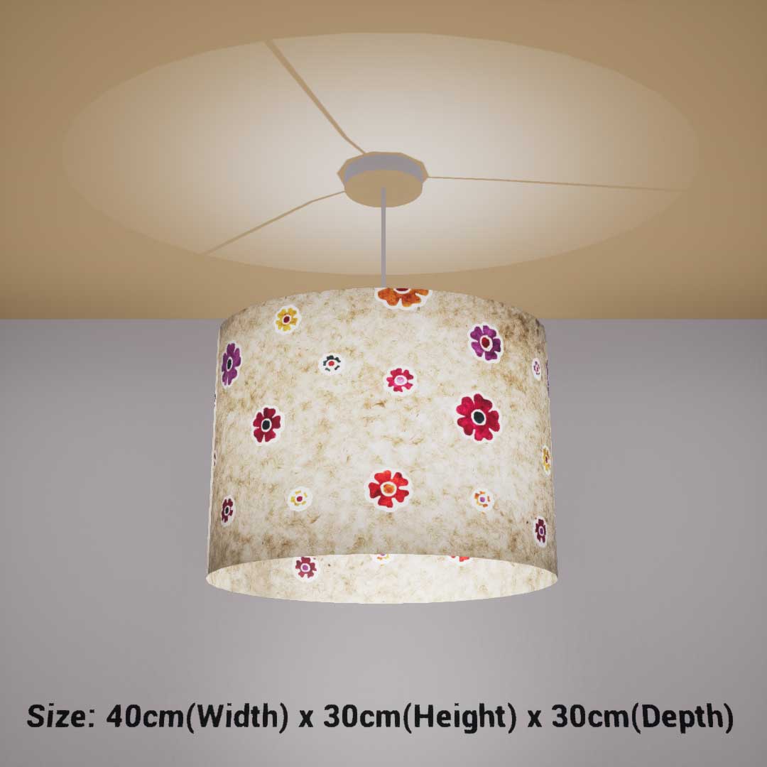 Oval Lamp Shade - P35 - Batik Multi Flower on Natural, 40cm(w) x 30cm(h) x 30cm(d)