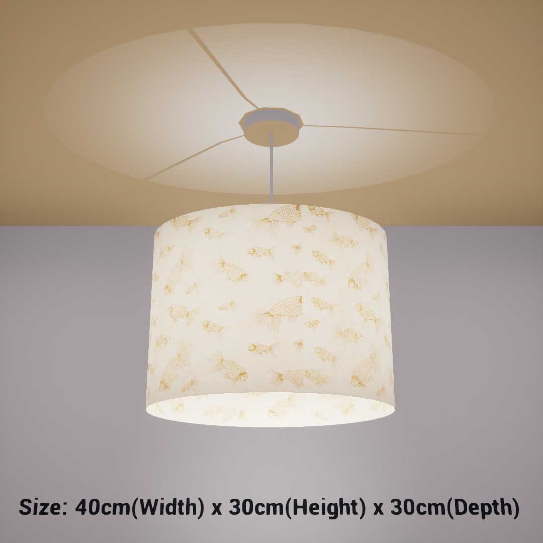 Oval Lamp Shade - P40 - Gold Fish Screen Print on Natural Lokta, 40cm(w) x 30cm(h) x 30cm(d)