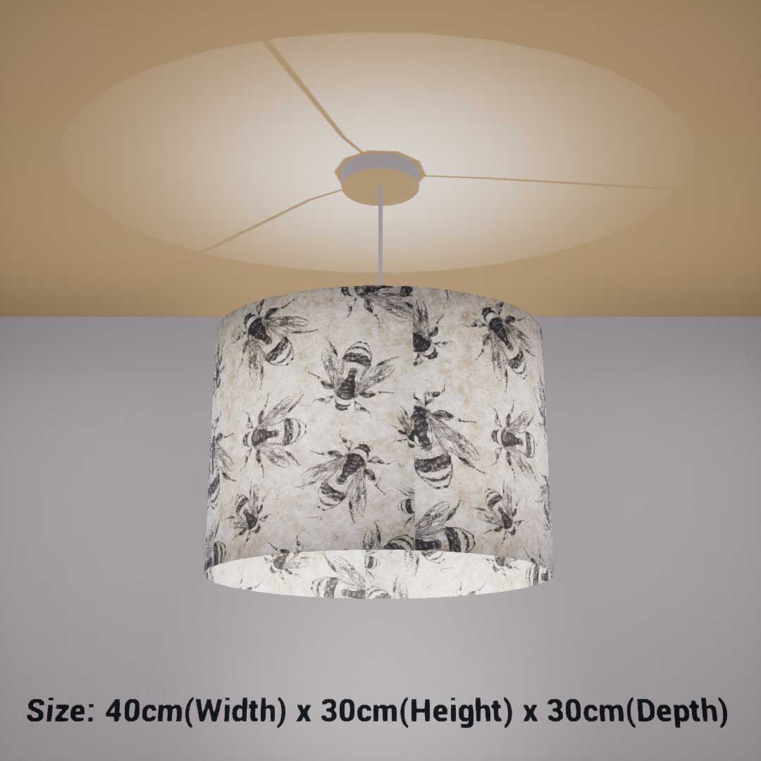 Oval Lamp Shade - P42 - Bees Screen Print on Natural Lokta, 40cm(w) x 30cm(h) x 30cm(d)