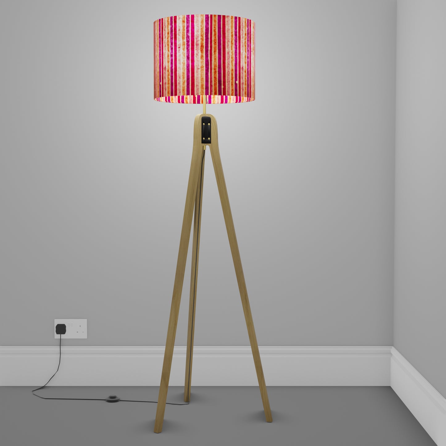 Oak Tripod Floor Lamp - P04 - Batik Stripes Pink