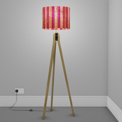 Oak Tripod Floor Lamp - P04 - Batik Stripes Pink