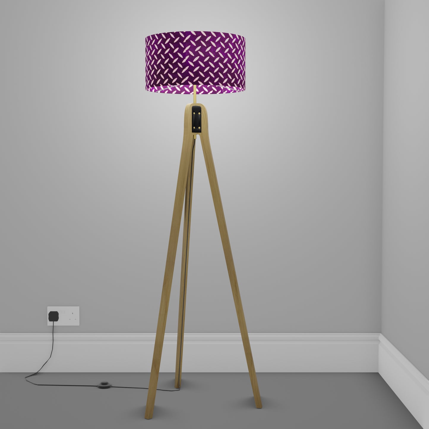 Oak Tripod Floor Lamp - P13 - Batik Tread Plate Purple