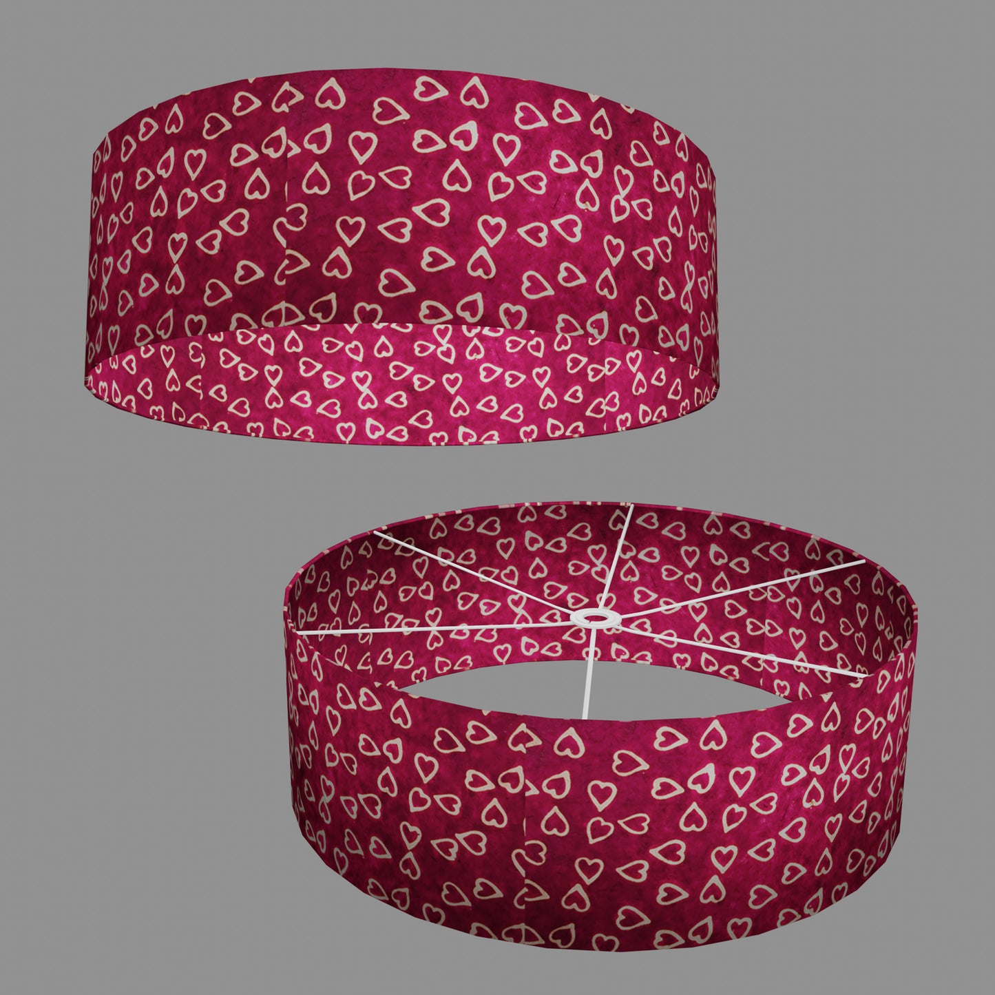 Drum Lamp Shade - P16 - Batik Hearts on Cranberry, 60cm(d) x 20cm(h)