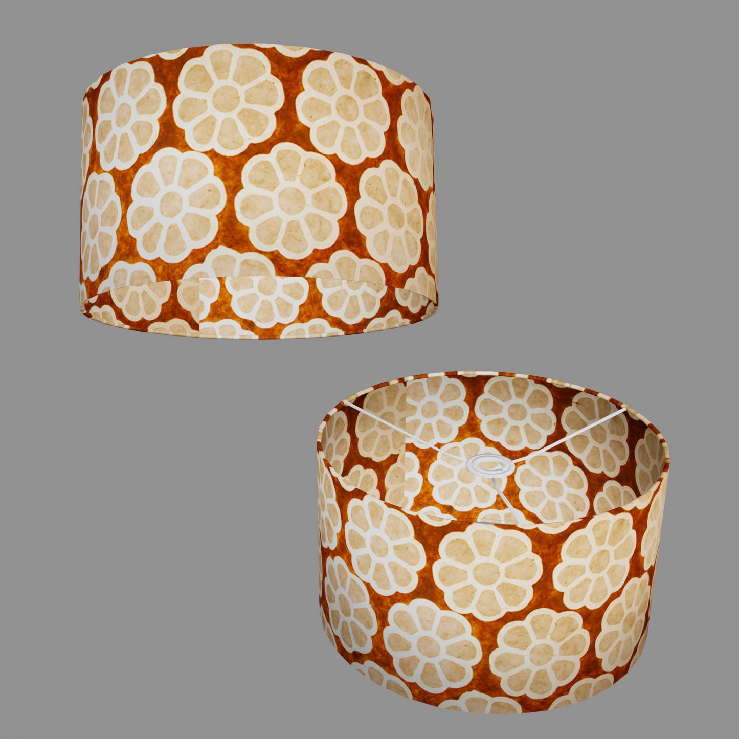 Drum Lamp Shade - P20 - Batik Big Flower on Brown, 35cm(d) x 20cm(h)