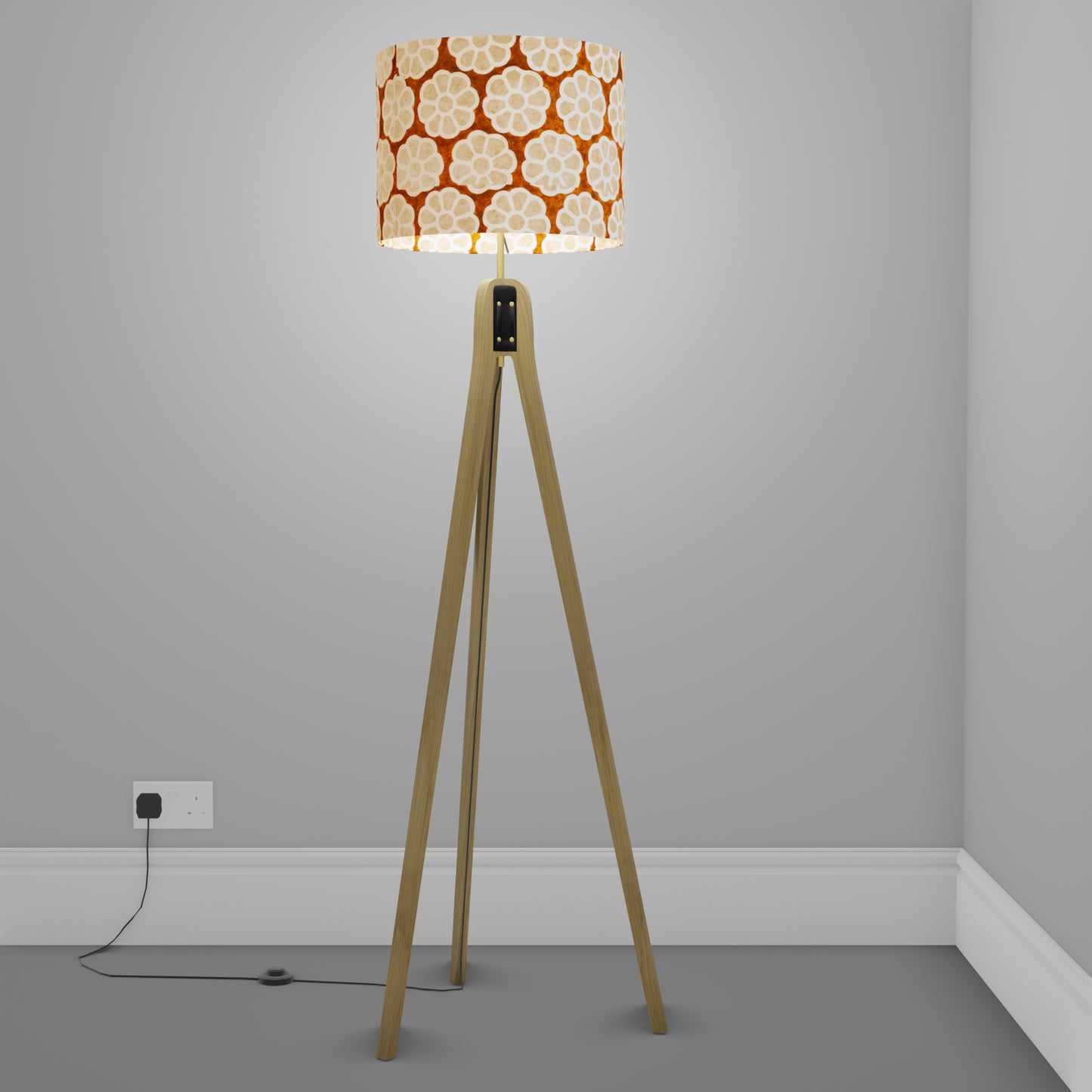 Oak Tripod Floor Lamp - P20 - Batik Big Flower on Brown