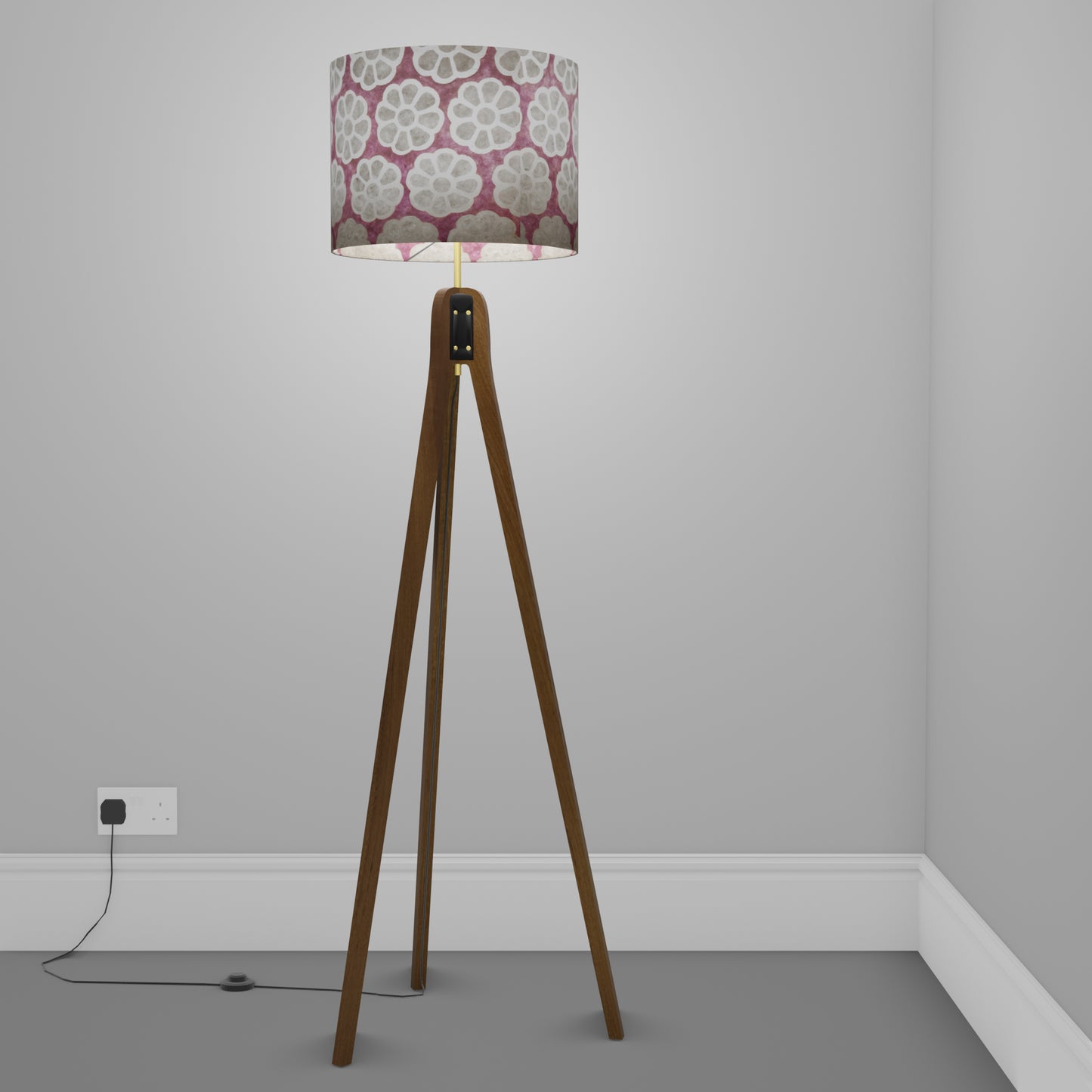 Sapele Tripod Floor Lamp - P21 - Batik Big Flower on Lilac