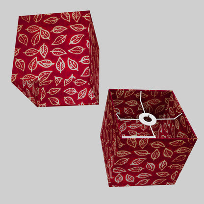 Square Lamp Shade - P30 - Batik Leaf on Red, 20cm(w) x 20cm(h) x 20cm(d)