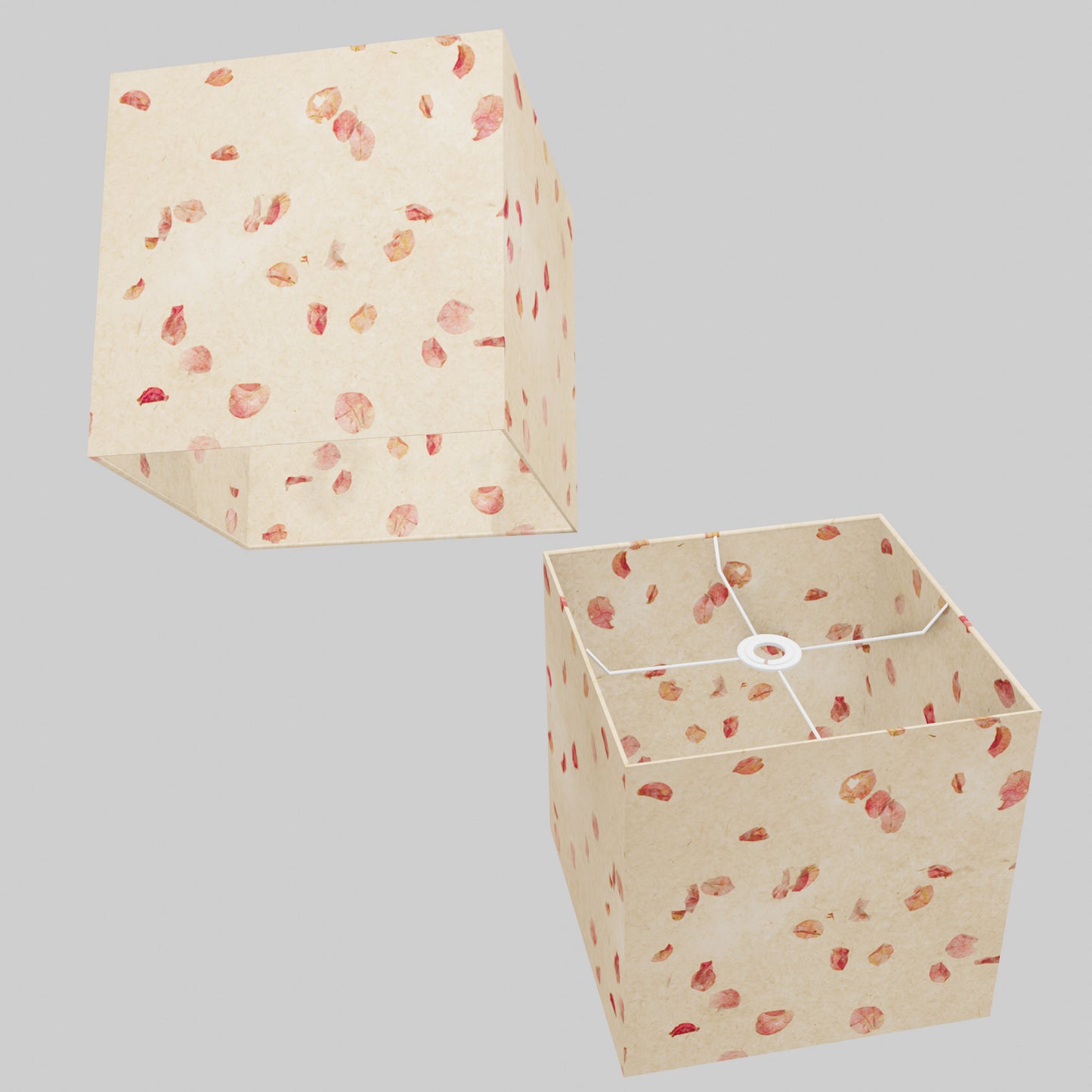 Square Lamp Shade - P33 - Rose Petals on Natural Lokta, 30cm(w) x 30cm(h) x 30cm(d)