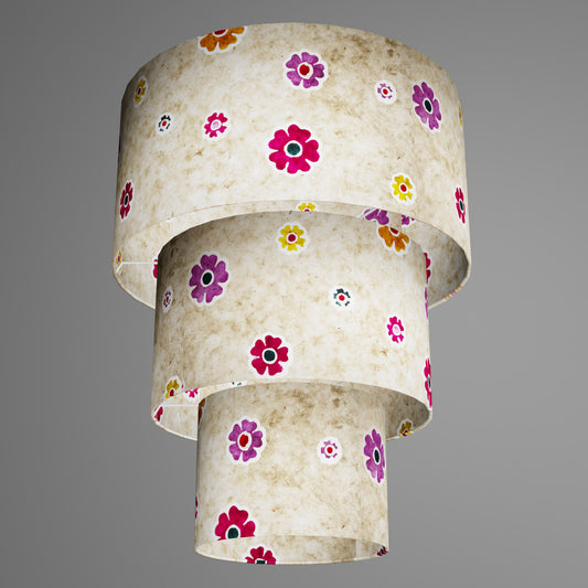 3 Tier Lamp Shade - P35 - Batik Multi Flower on Natural, 40cm x 20cm, 30cm x 17.5cm & 20cm x 15cm