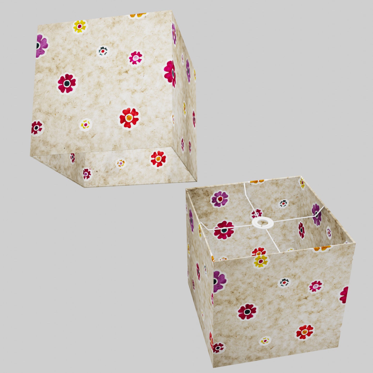 Square Lamp Shade - P35 - Batik Multi Flower on Natural, 30cm(w) x 30cm(h) x 30cm(d)