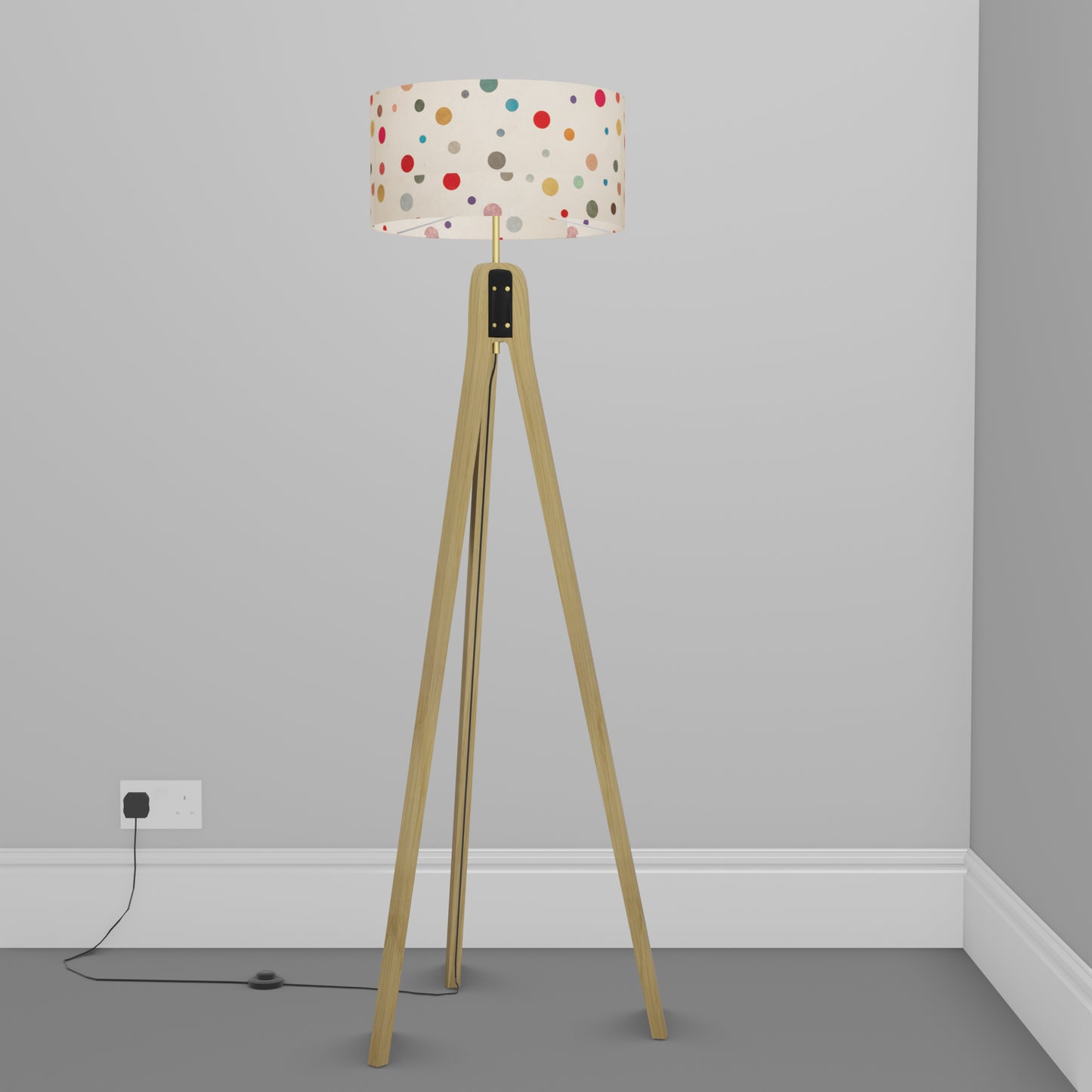 Oak Tripod Floor Lamp - P39 - Polka Dots on Natural Lokta