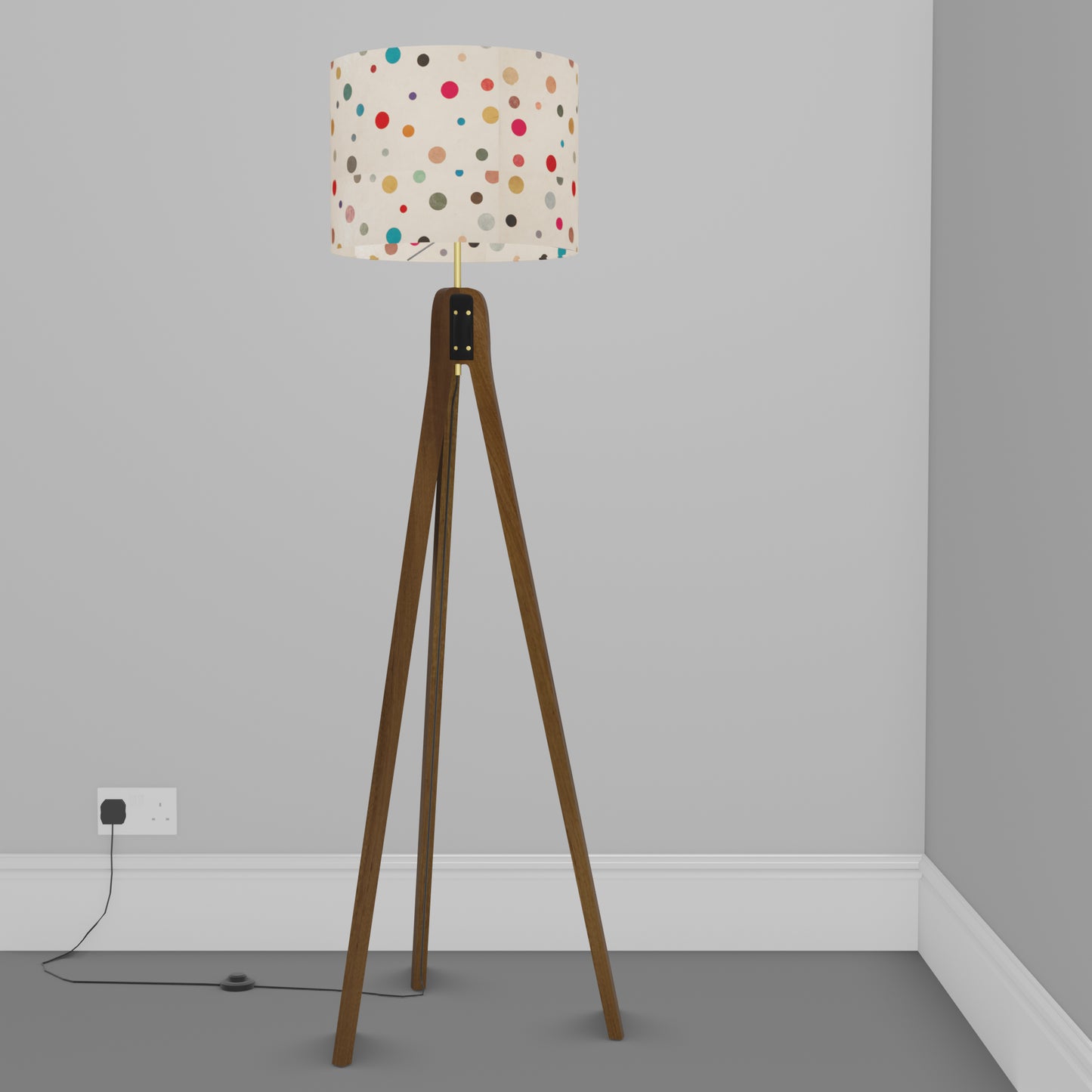 Sapele Tripod Floor Lamp - P39 - Polka Dots on Natural Lokta