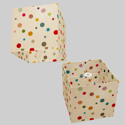 Square Lamp Shade - P39 - Polka Dots on Natural Lokta, 30cm(w) x 30cm(h) x 30cm(d)