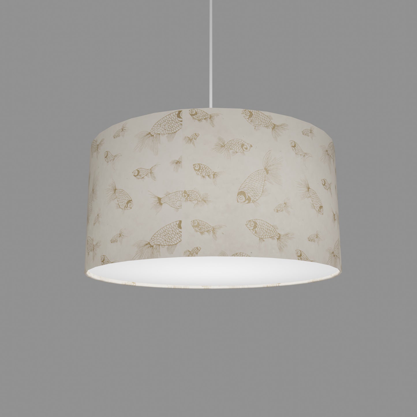 Drum Lamp Shade - P40 - Gold Fish Screen Print on Natural Lokta, 40cm(d) x 20cm(h)