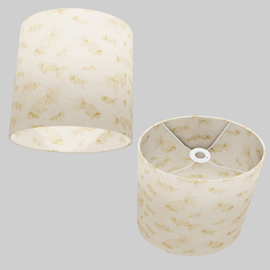 Oval Lamp Shade - P40 - Gold Fish Screen Print on Natural Lokta, 30cm(w) x 30cm(h) x 22cm(d)