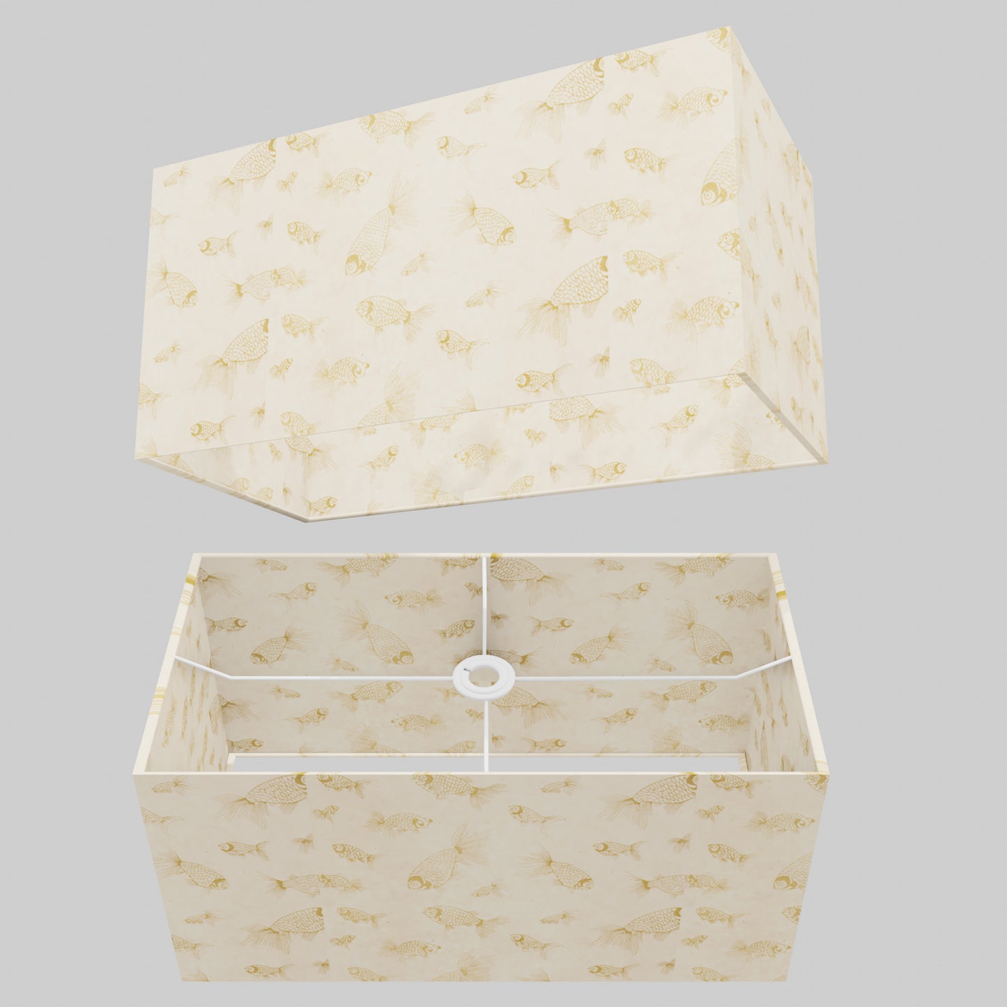 Rectangle Lamp Shade - P40 - Gold Fish Screen Print on Natural Lokta, 50cm(w) x 25cm(h) x 25cm(d)