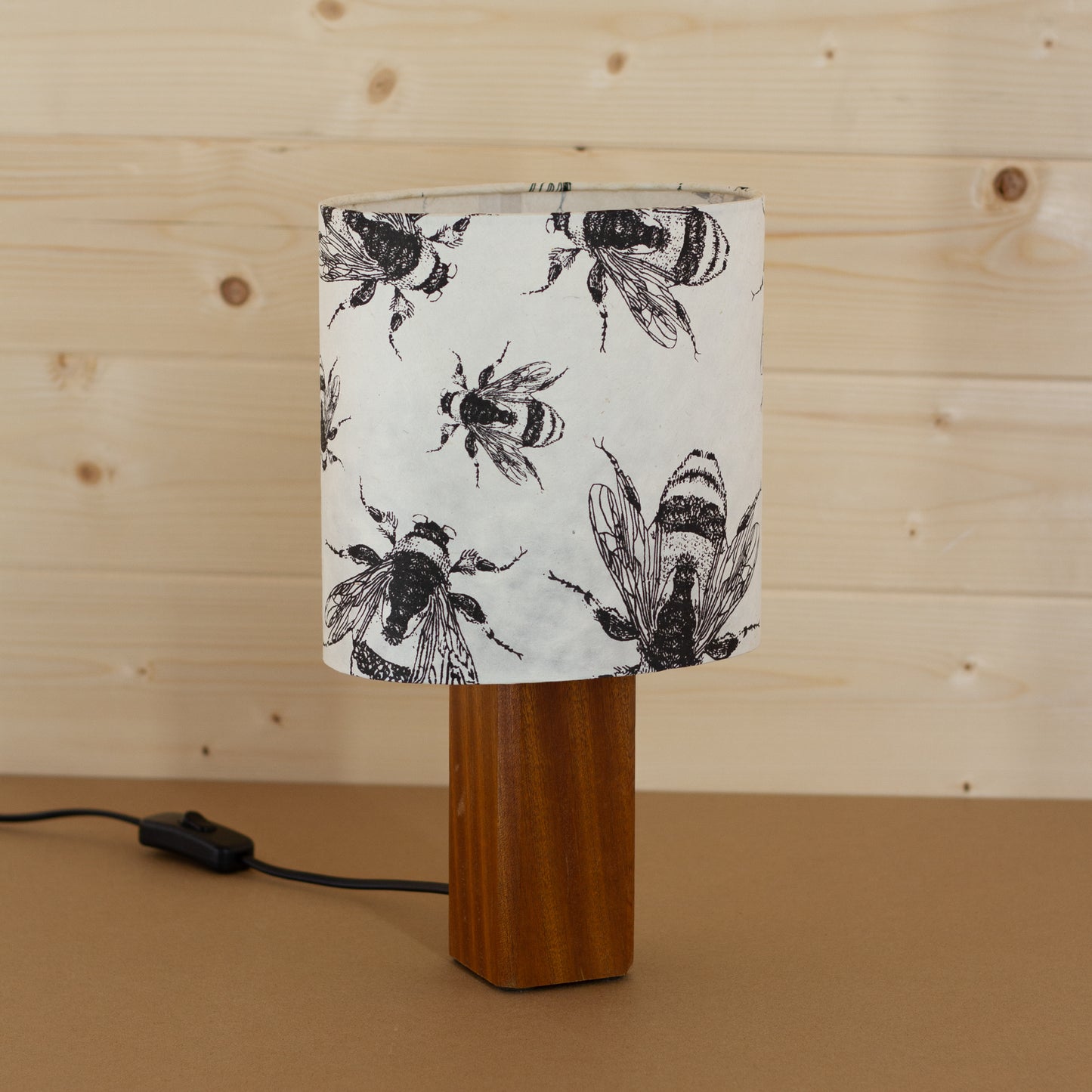 Square Sapele Table Lamp with Oval Lamp Shade P42 - Bees Screen Print