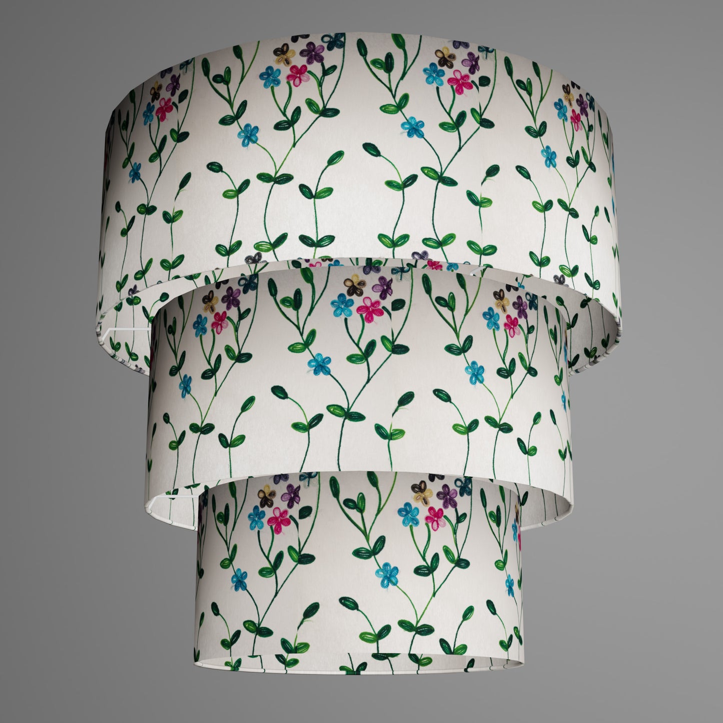3 Tier Lamp Shade - P43 - Embroidered Flowers on White, 50cm x 20cm, 40cm x 17.5cm & 30cm x 15cm