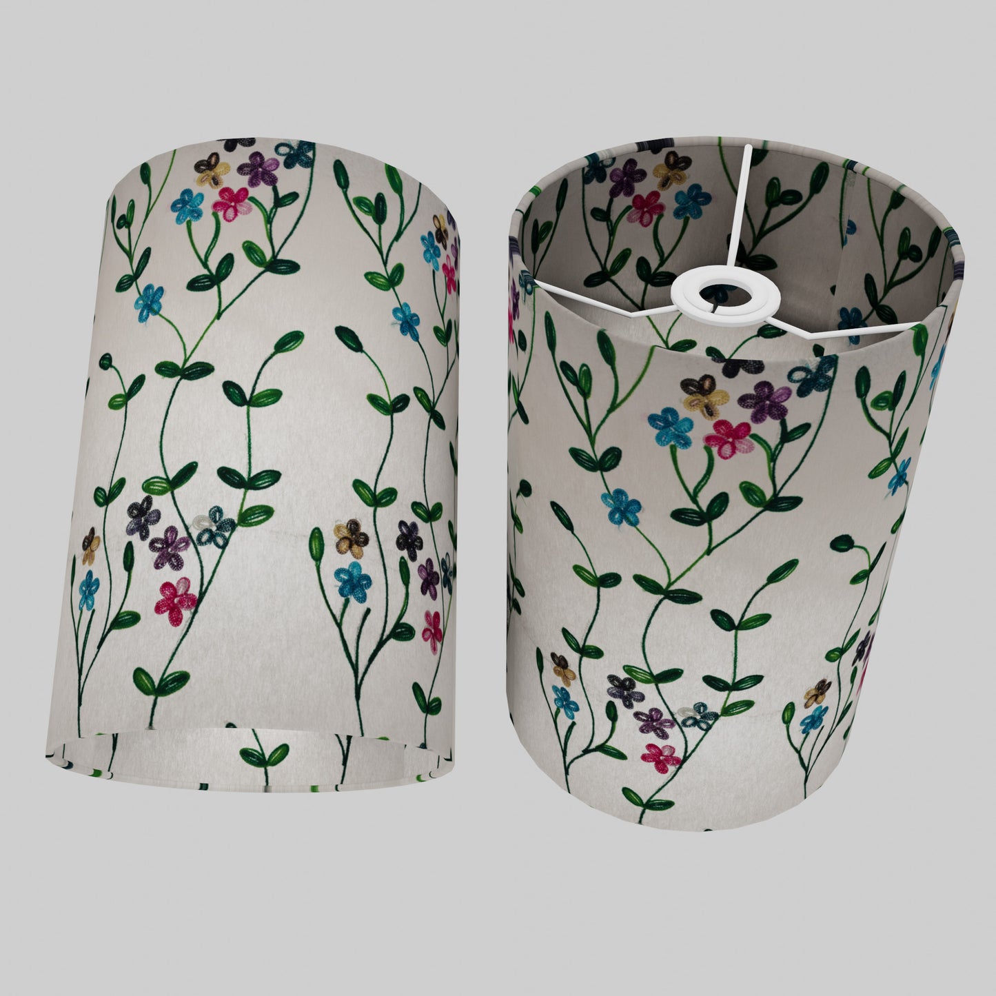 Drum Lamp Shade - P43 - Embroidered Flowers on White, 20cm(d) x 30cm(h)