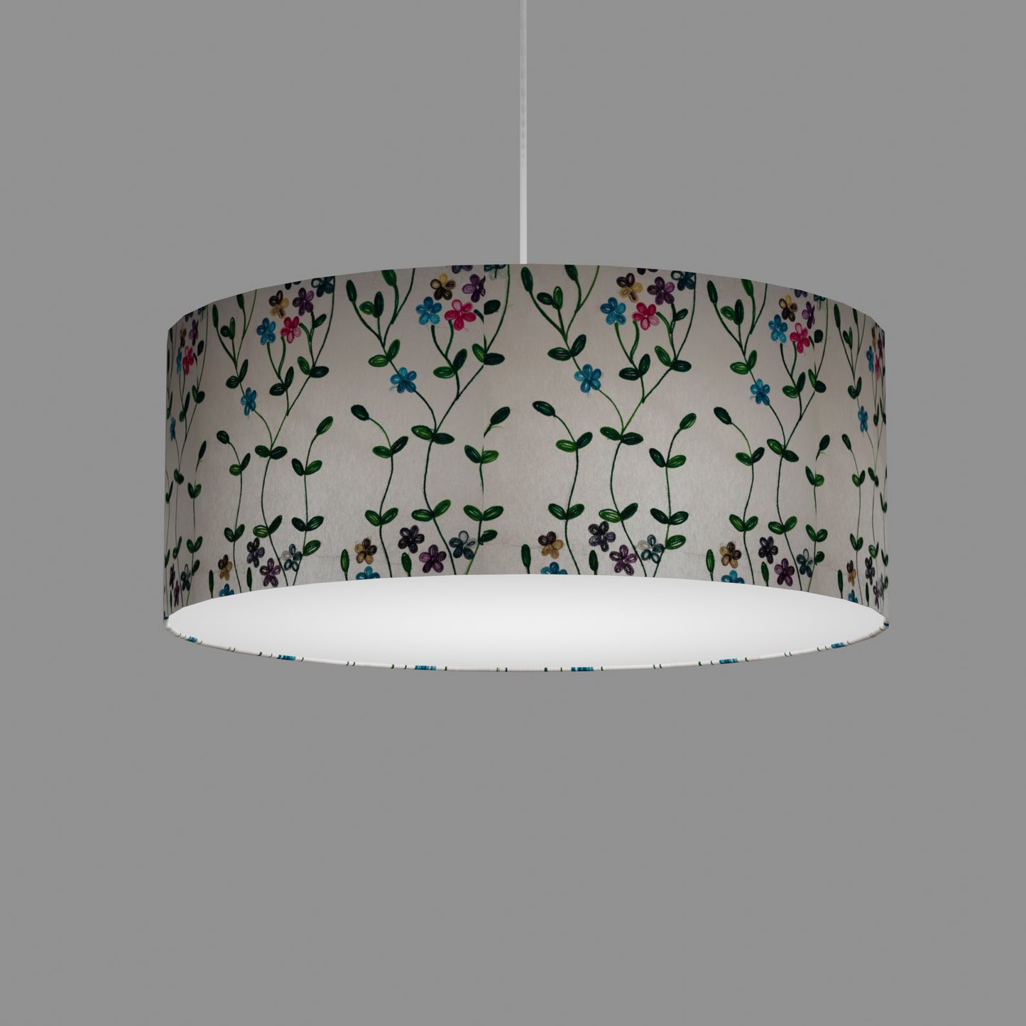 Drum Lamp Shade - P43 - Embroidered Flowers on White, 50cm(d) x 20cm(h)