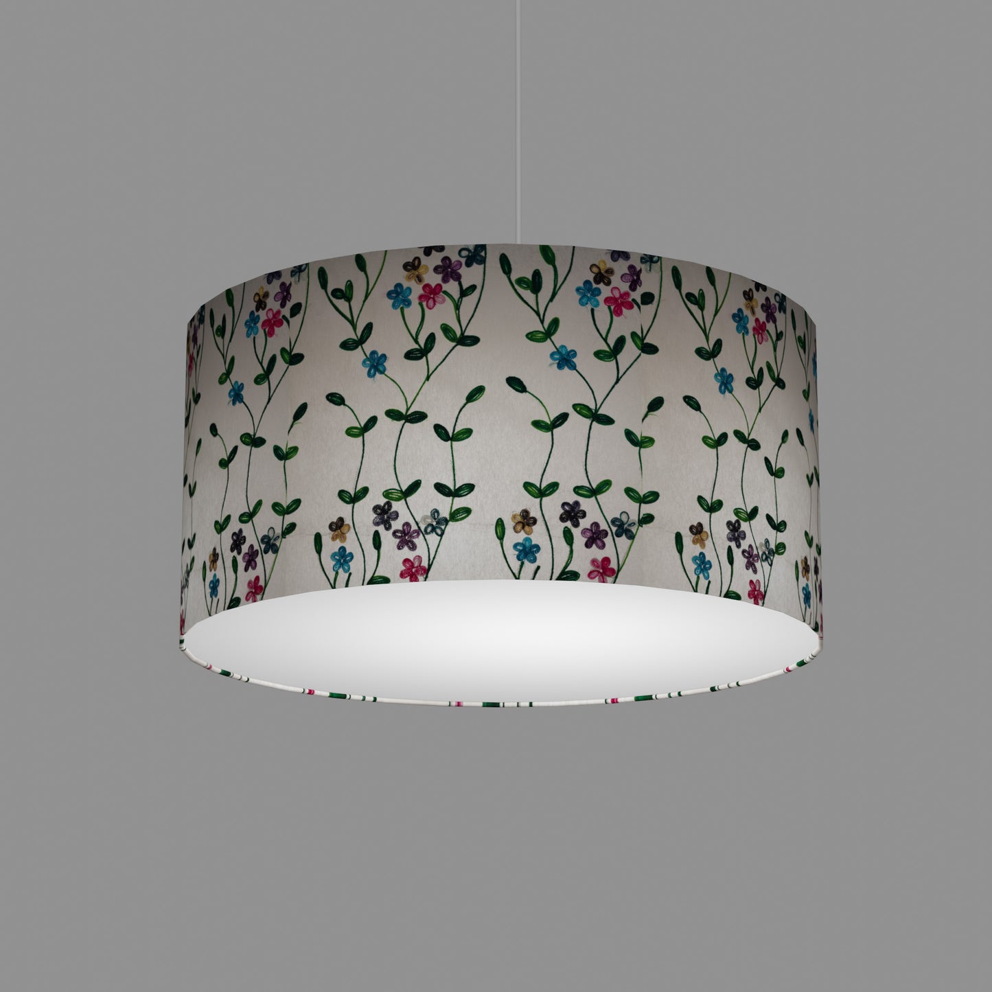 Drum Lamp Shade - P43 - Embroidered Flowers on White, 50cm(d) x 25cm(h)