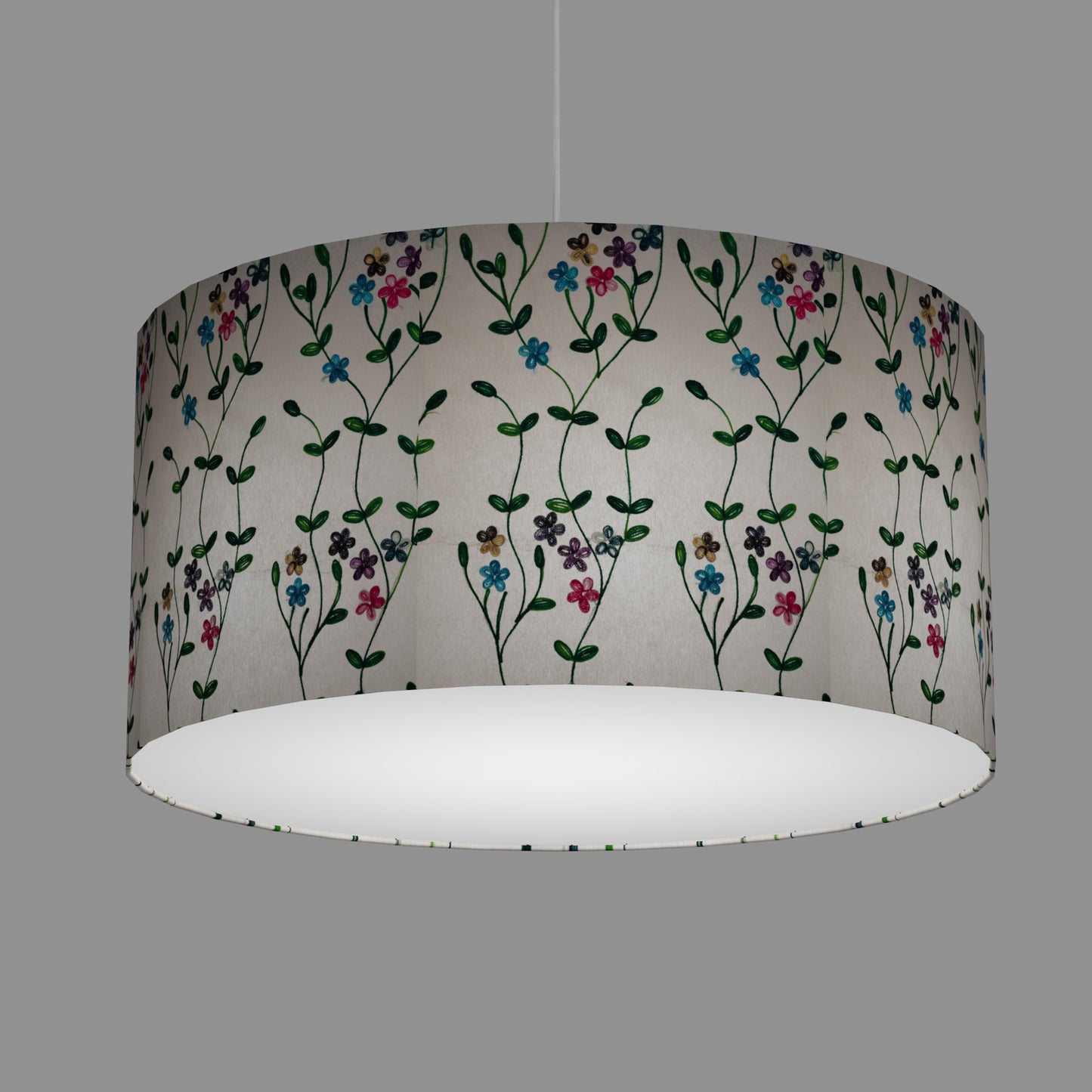 Drum Lamp Shade - P43 - Embroidered Flowers on White, 60cm(d) x 30cm(h)